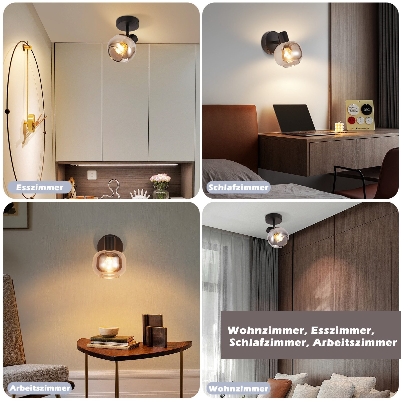 Cztery obrazy przedstawiające różne pokoje z zainstalowanymi okrągłymi szklanymi lampami.