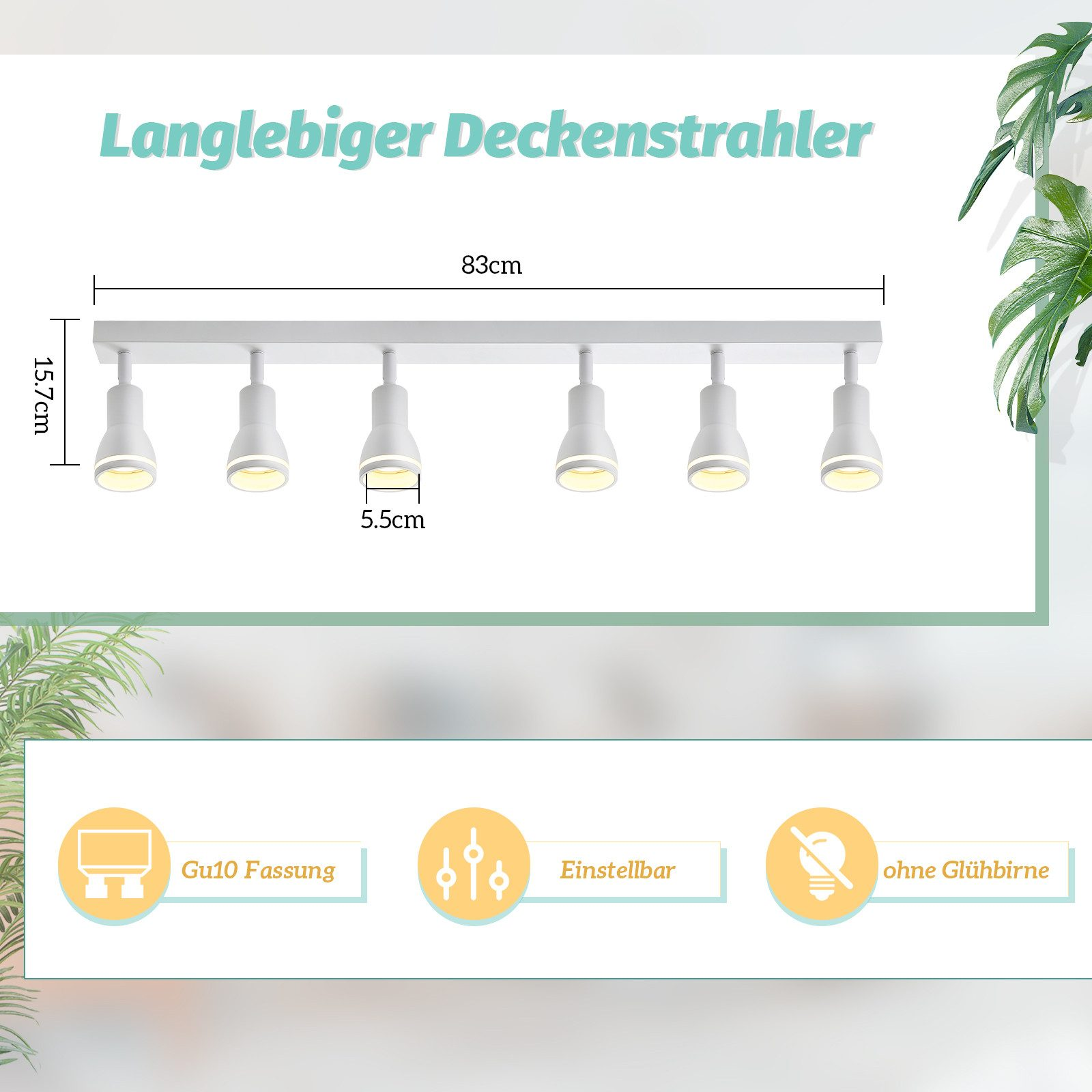 Un apparecchio di illuminazione bianco con sei luci regolabili e dimensioni, con icone e testo.