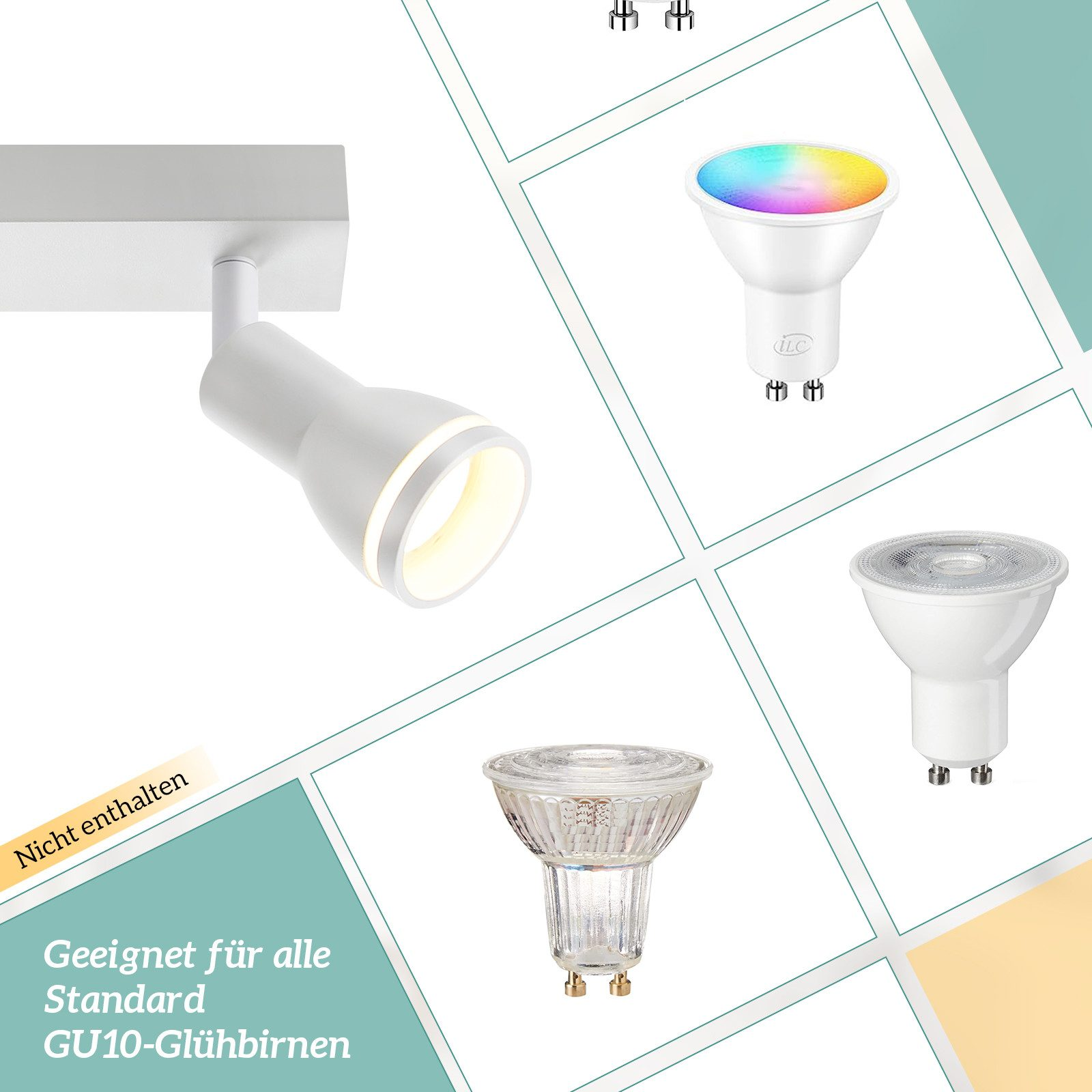 Varie lampadine GU10 sono in mostra. Una è illuminata con più colori, e un'altra è bianca.
