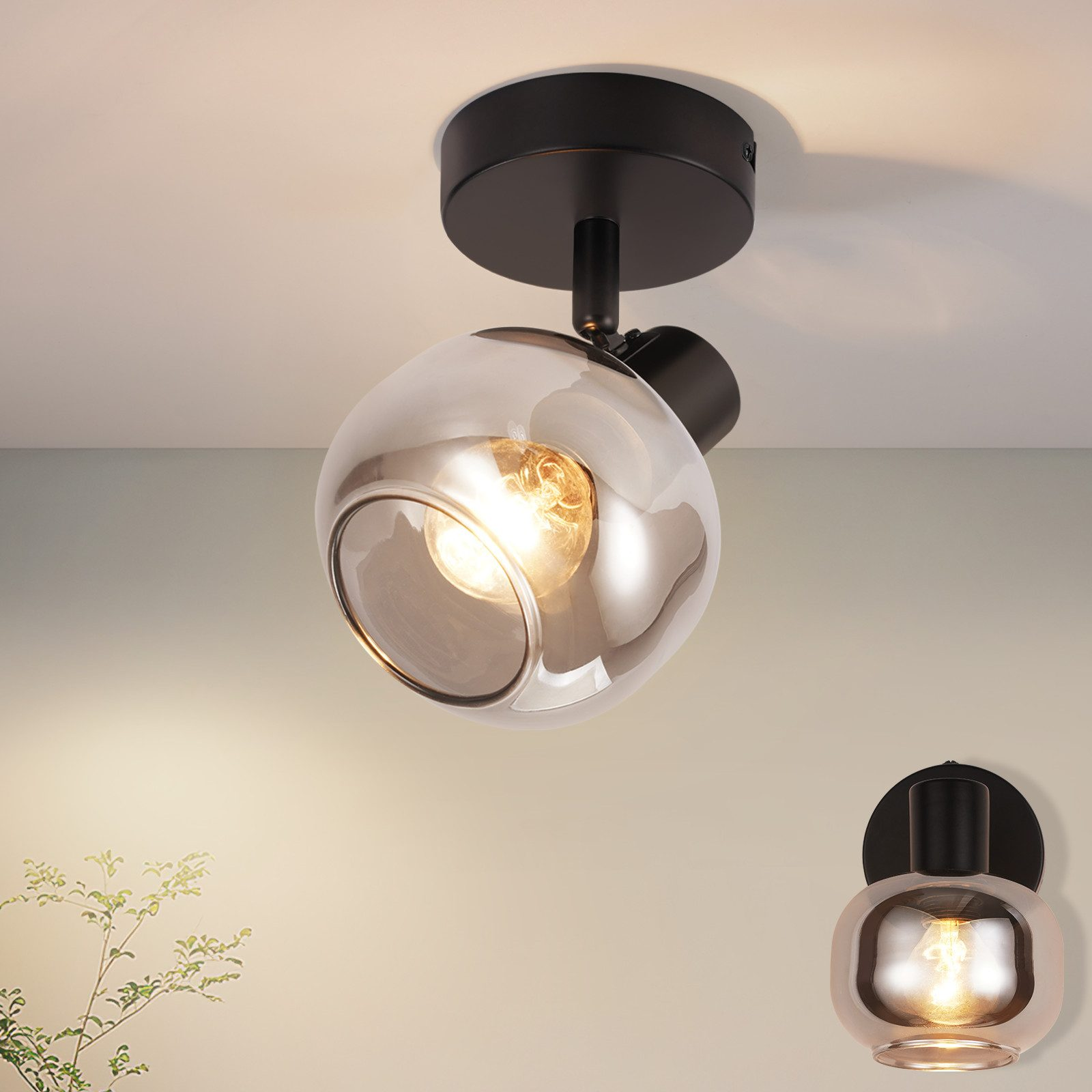 Lampada da soffitto moderna con un globo di vetro. Viene mostrata anche una lampada da parete.