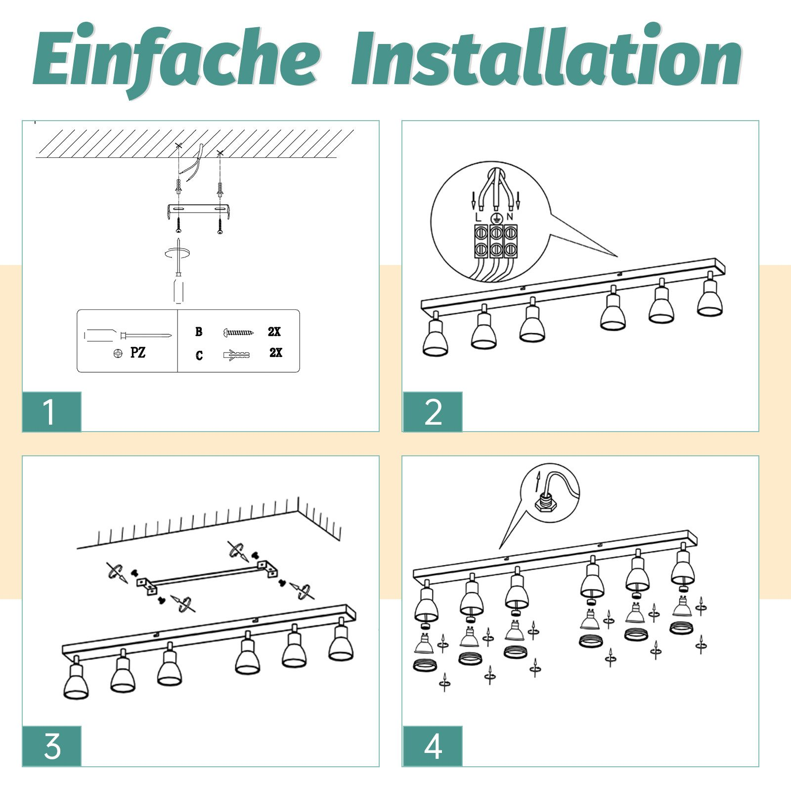 Fasi di installazione di un apparecchio di illuminazione a binario. I diagrammi mostrano le fasi 1-4, compreso il montaggio e il cablaggio.