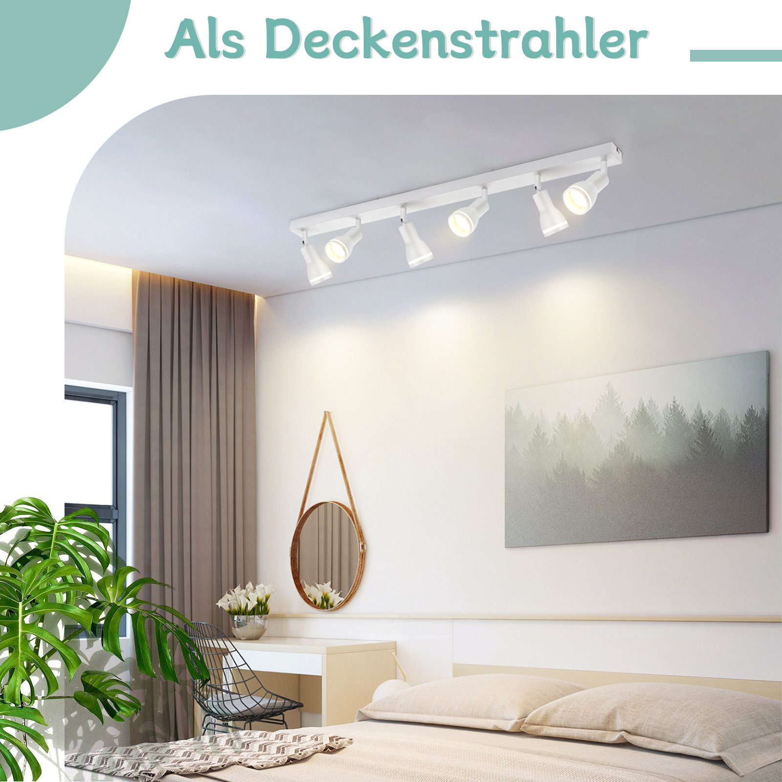 Illuminazione a binario bianca su un soffitto bianco. Un letto, uno specchio e una pianta sono in vista. La stanza ha pareti bianche.