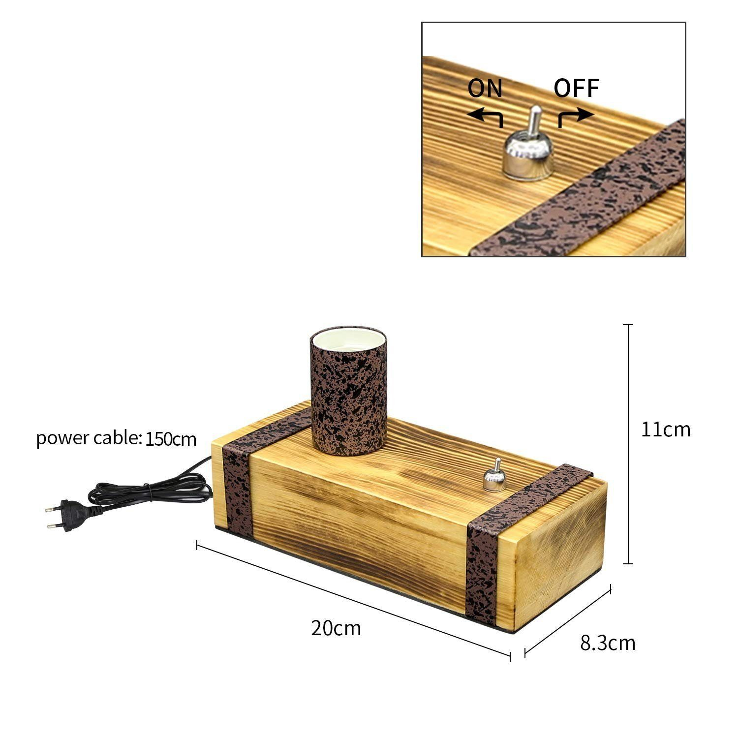 Drewniana lampa z cylindrycznym kloszem, drewnianą podstawą i włącznikiem/wyłącznikiem. Wymiary wskazane.