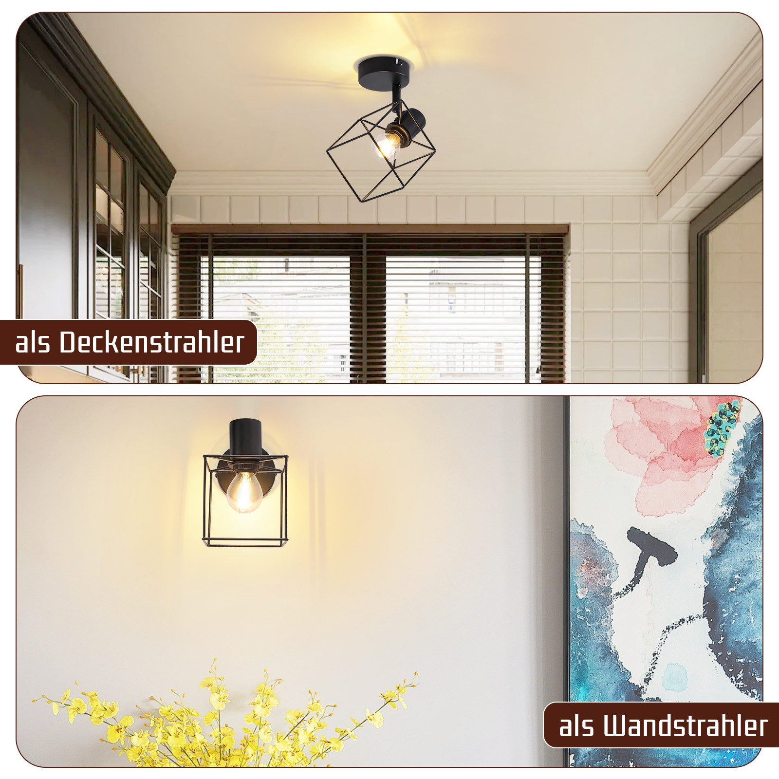 Due apparecchi di illuminazione: uno a soffitto, uno a parete, entrambi con cornici geometriche nere e lampadine.