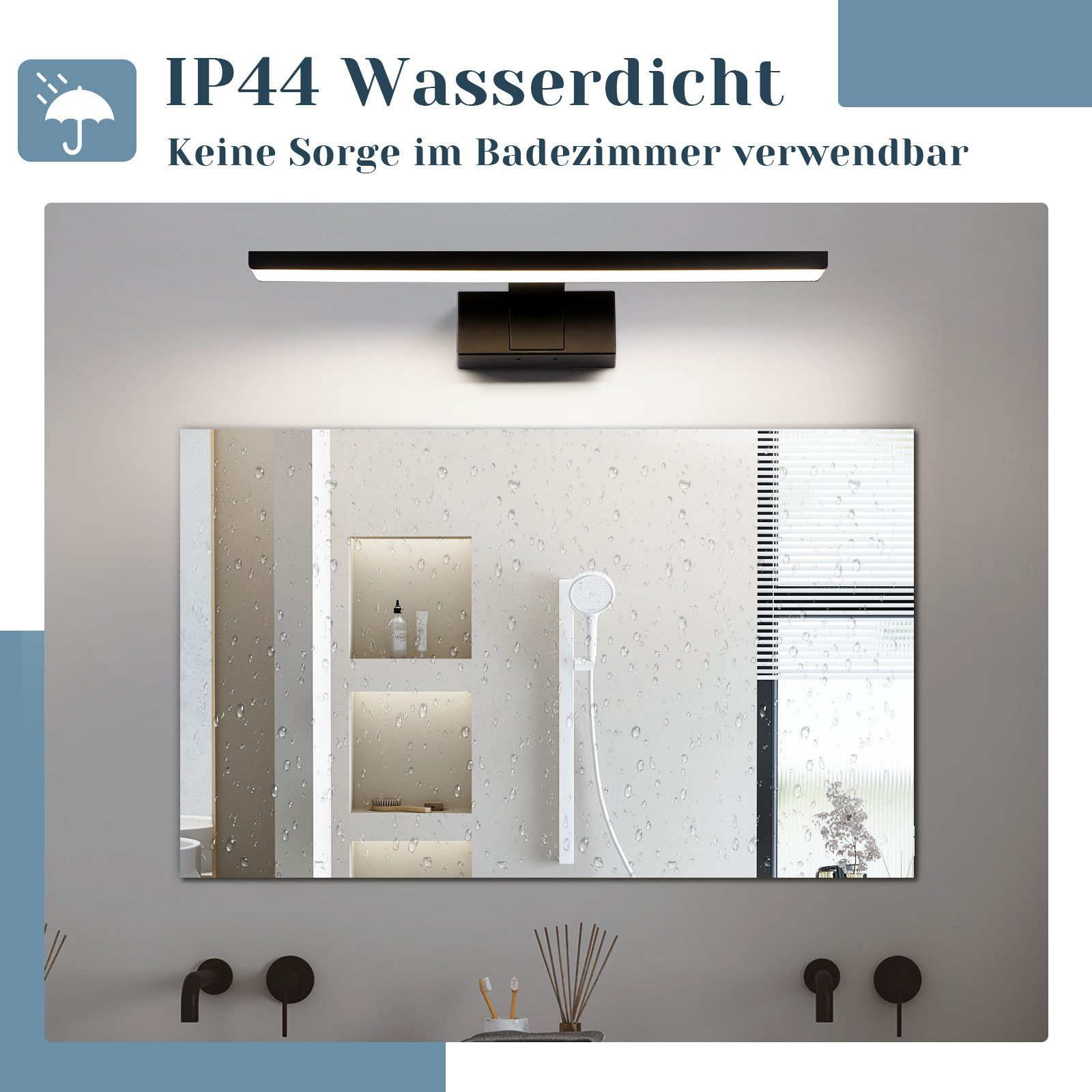 Specchio del bagno con luce a LED nera sopra e gocce d'acqua sul vetro.