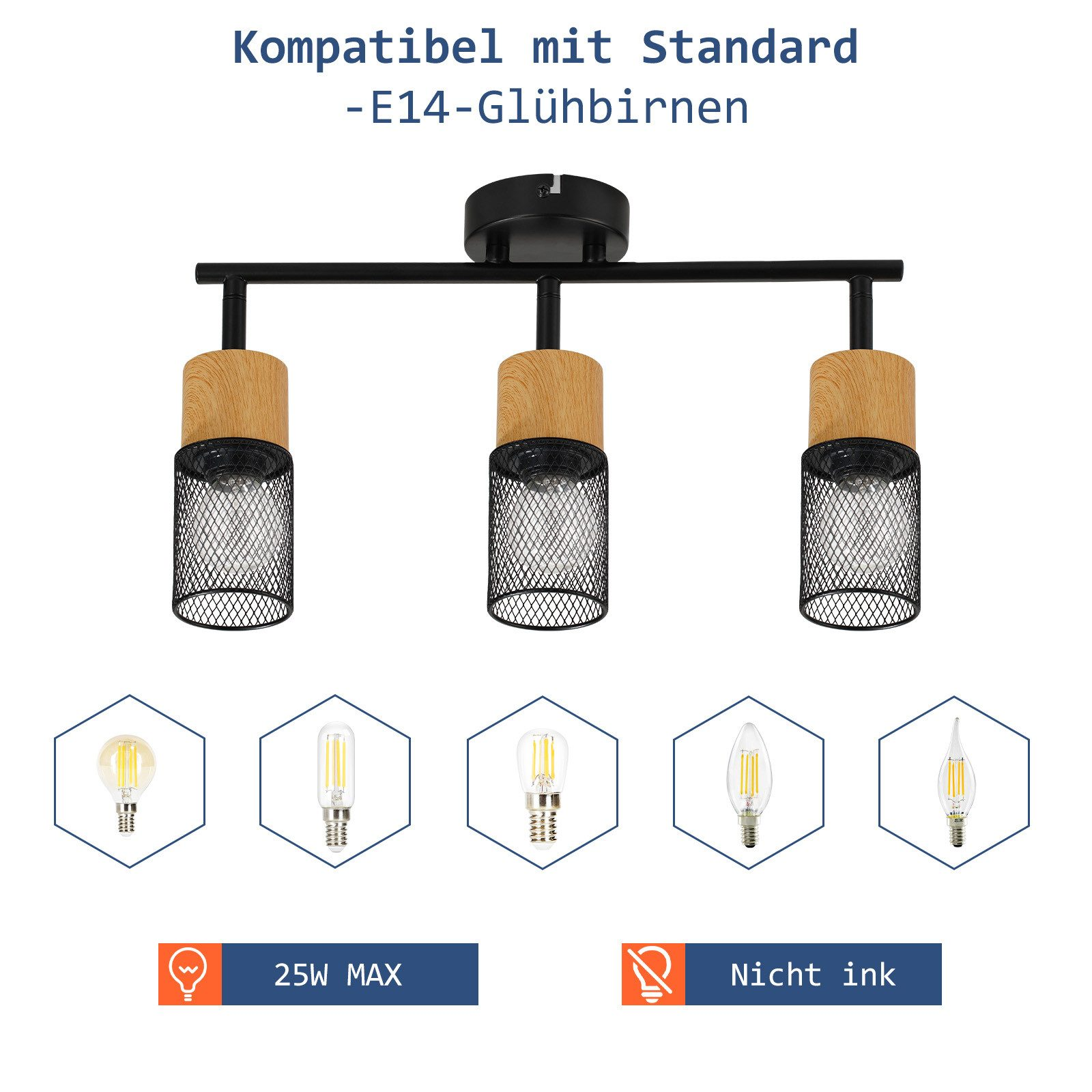 Lampa sufitowa z trzema drewnianymi i metalowymi kloszami oraz przykładami kompatybilnych żarówek.