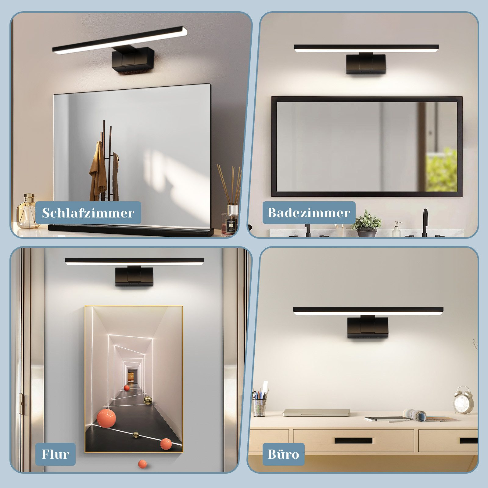 Vier Bilder zeigen eine schwarze Leuchte in verschiedenen Umgebungen: Schlafzimmer, Badezimmer, Flur und Büro.