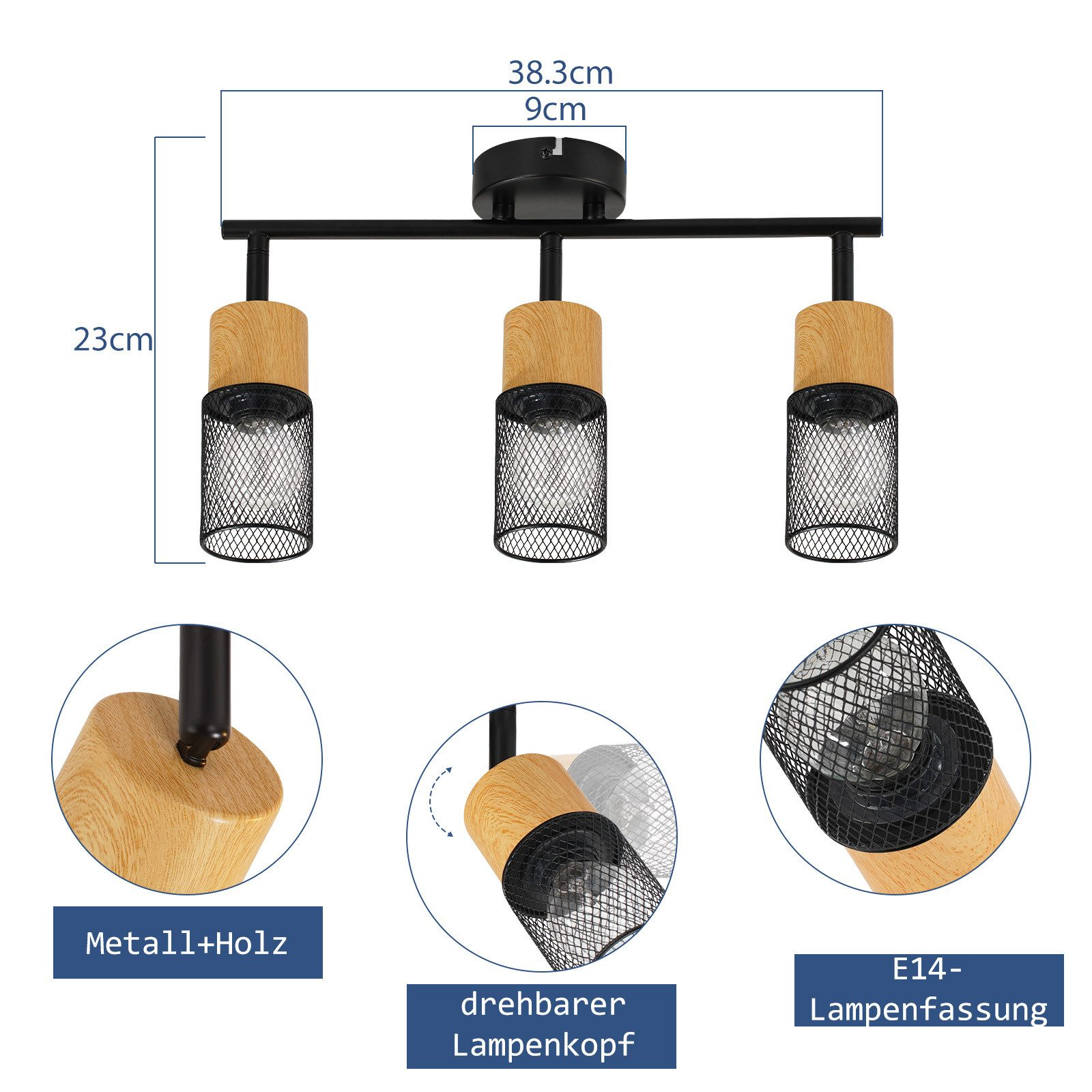 Trzypunktowa oprawa oświetleniowa z czarną ramą, drewnianymi akcentami i siatkowymi kloszami, na białym tle.