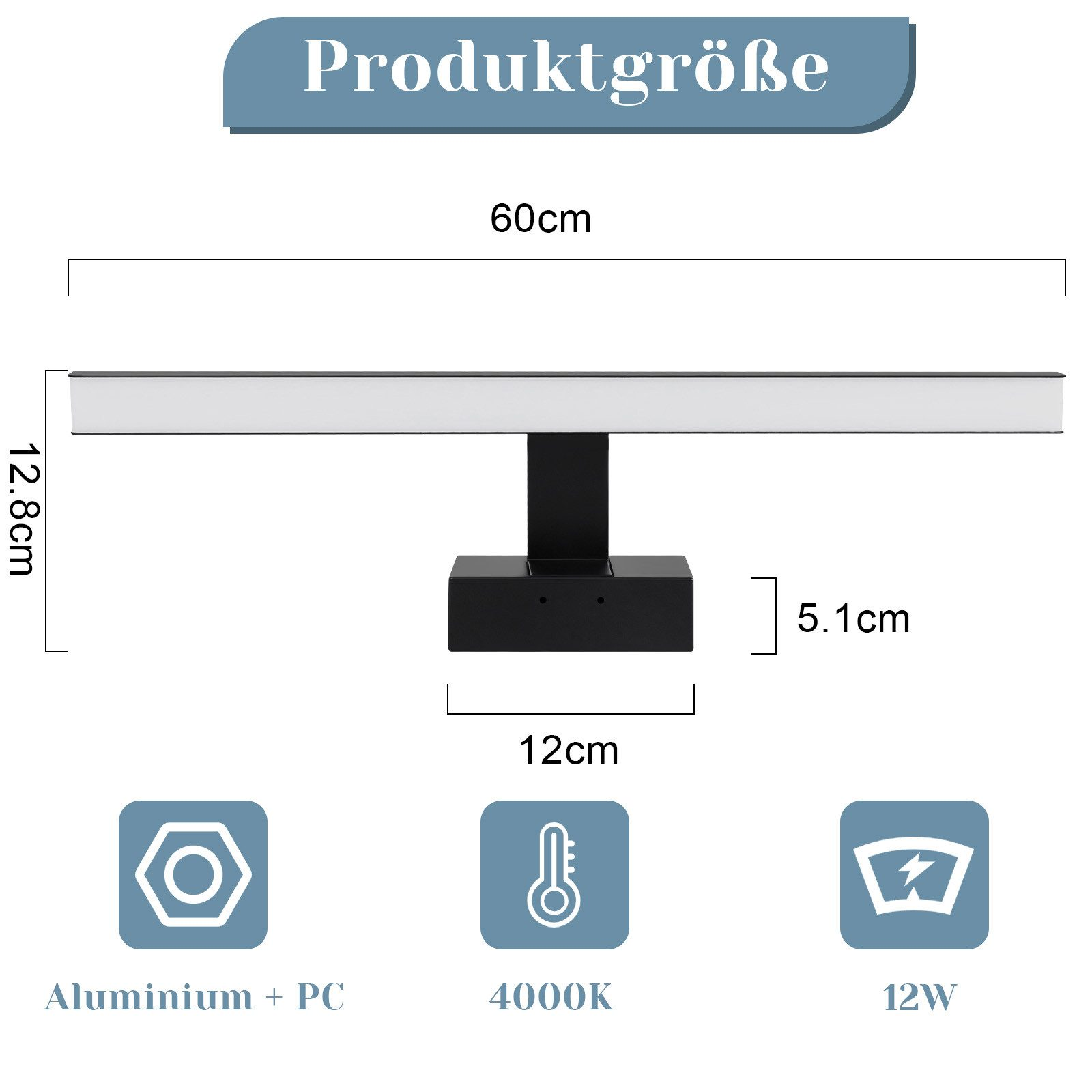 Lampada da parete rettangolare nera con luce bianca, con dimensioni e caratteristiche dettagliate.