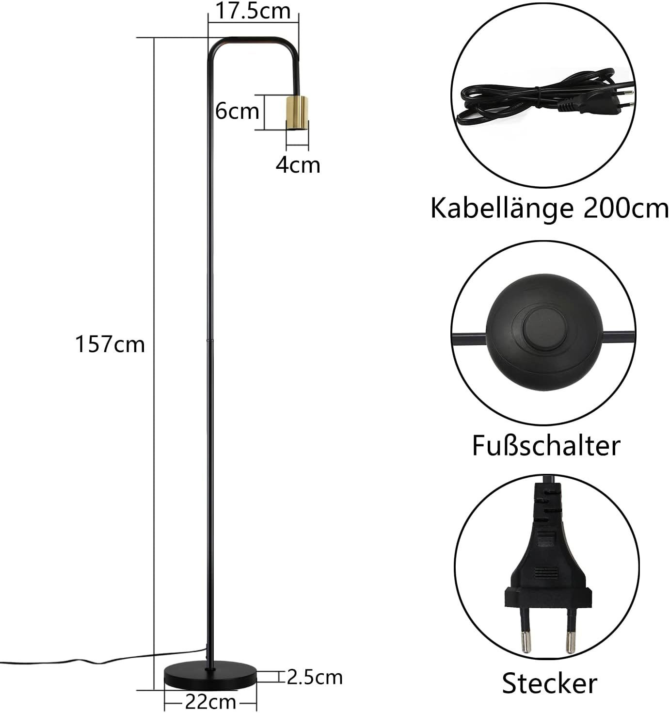 Una lampada da terra alta e nera con la parte superiore dorata. Le dimensioni sono mostrate. Sono mostrati l'interruttore a pedale e la spina.