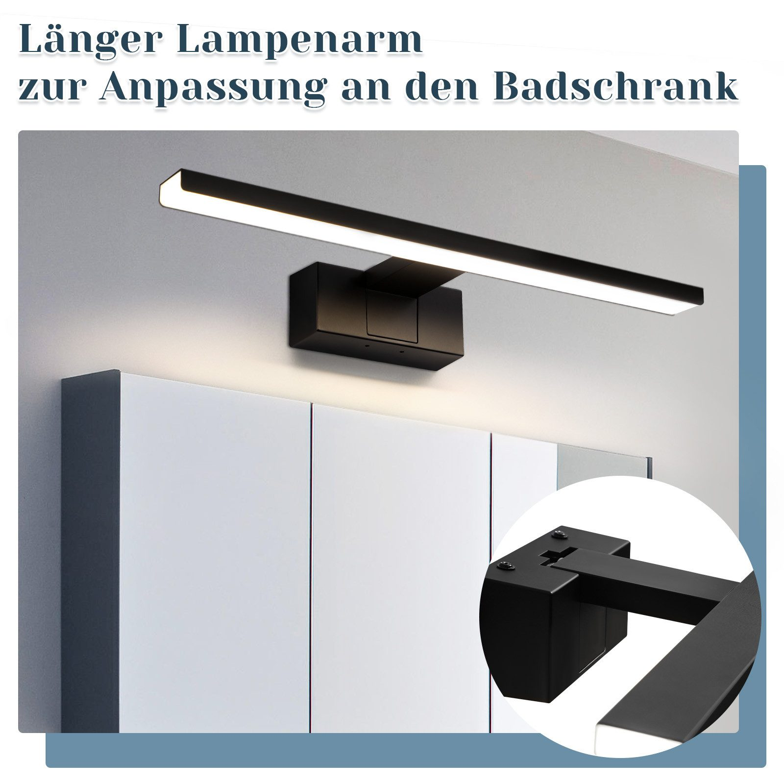 Eine schwarze Badezimmerleuchte über einem Spiegel und Schrank. Das Licht ist ein langer LED-Streifen.