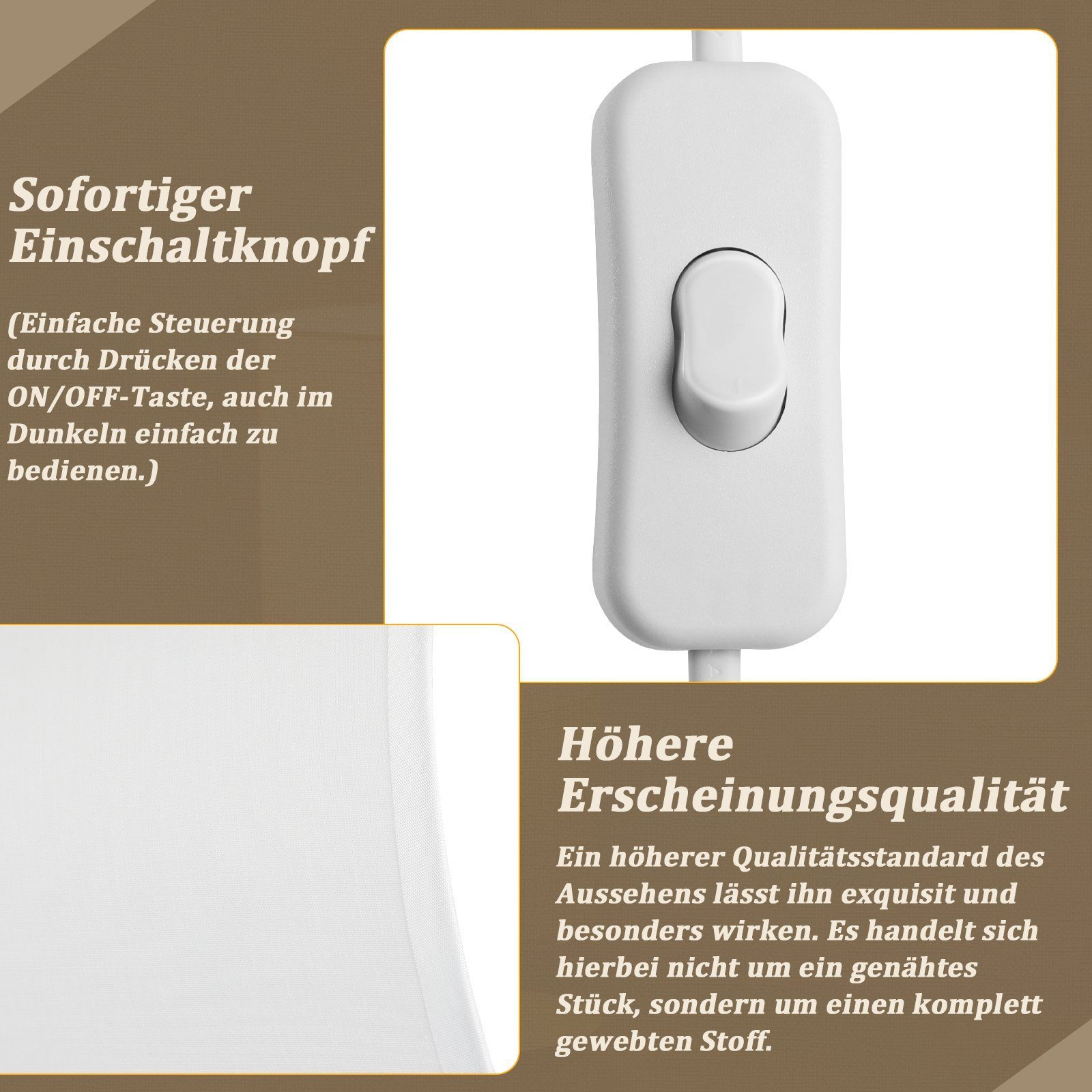 Biały przełącznik z przyciskiem włącz/wyłącz. Tekst o łatwiejszej kontroli za pomocą przycisku w ciemności.