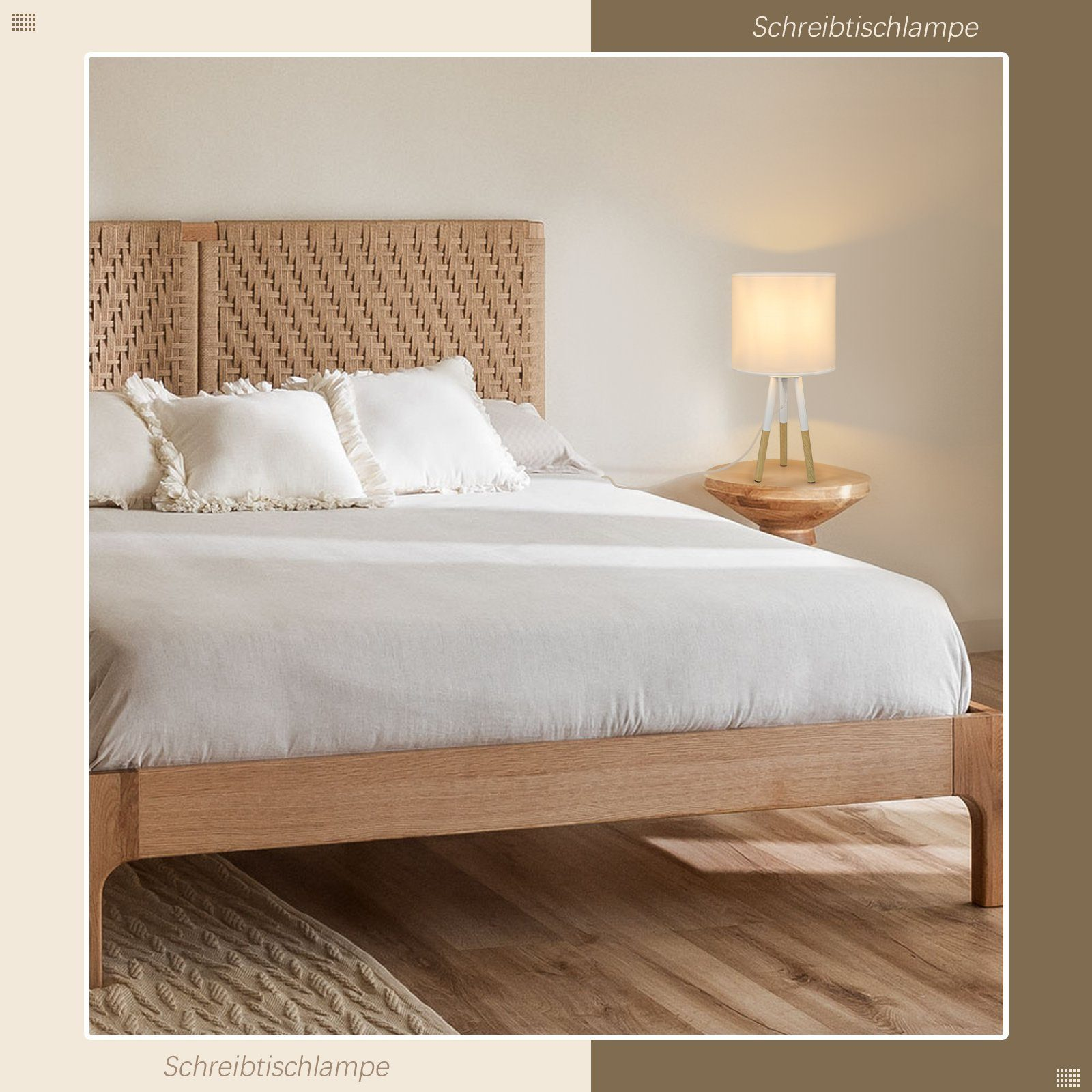 Scena sypialni z łóżkiem i lampą stołową na drewnianym stoliku. Lampa ma biały klosz.