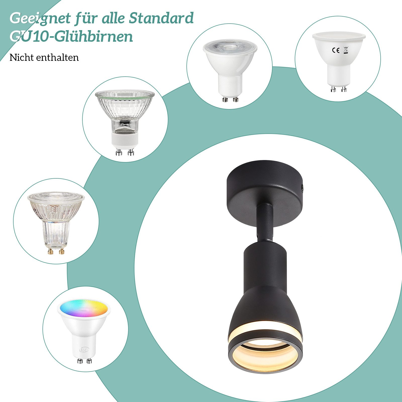 Immagine che mostra varie lampadine GU10 e un faretto nero con un anello di luce bianca.