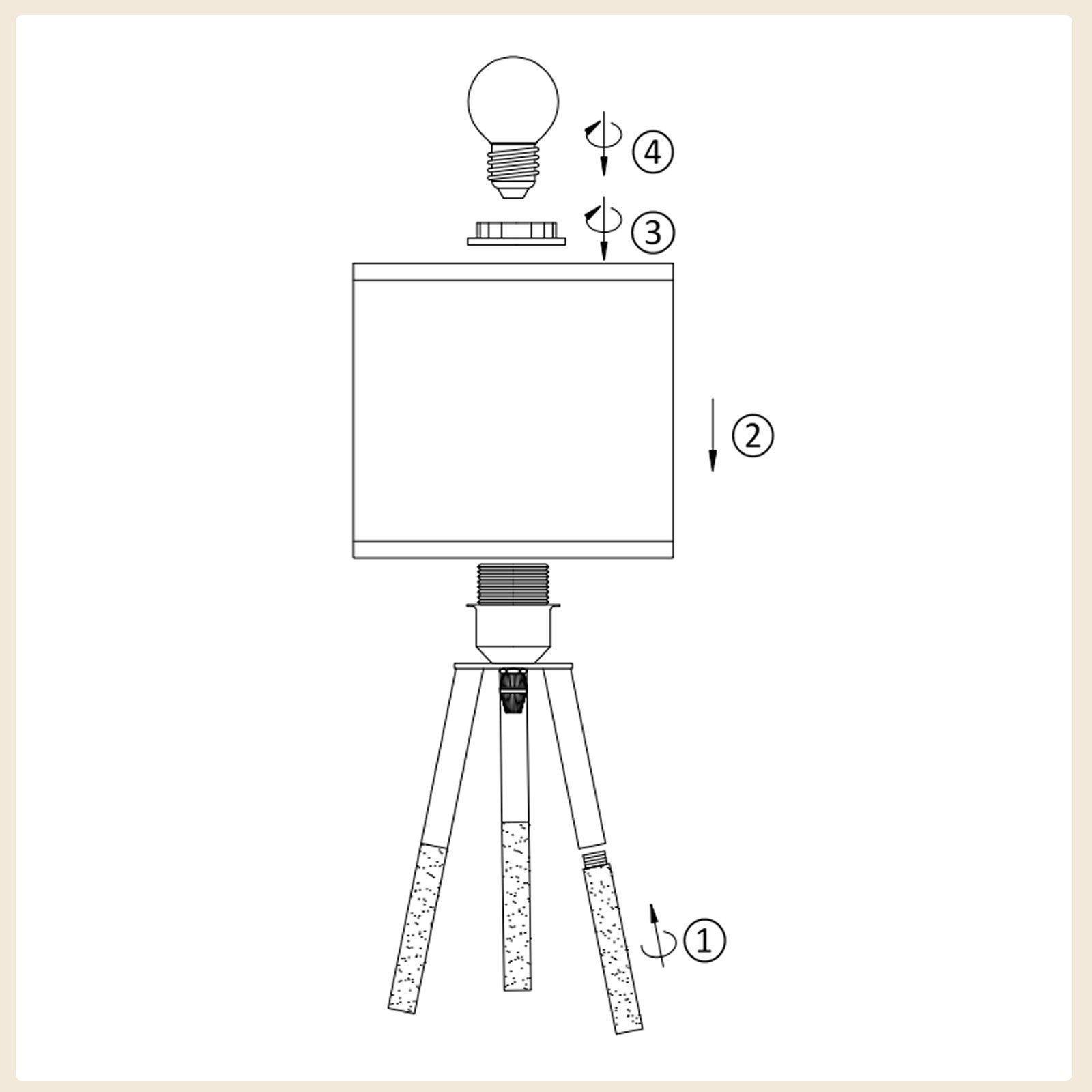 Schemat pokazujący montaż lampy z abażurem, podstawą i żarówką.