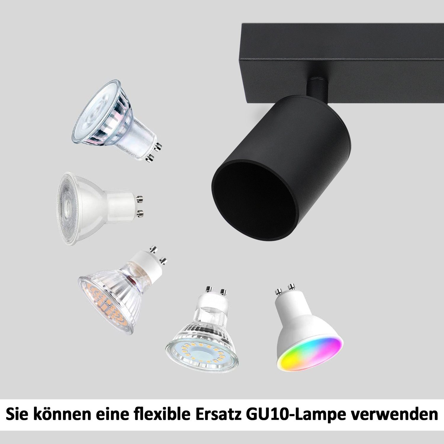 Un faretto nero con una lampada GU10 e varie lampadine GU10 intorno.