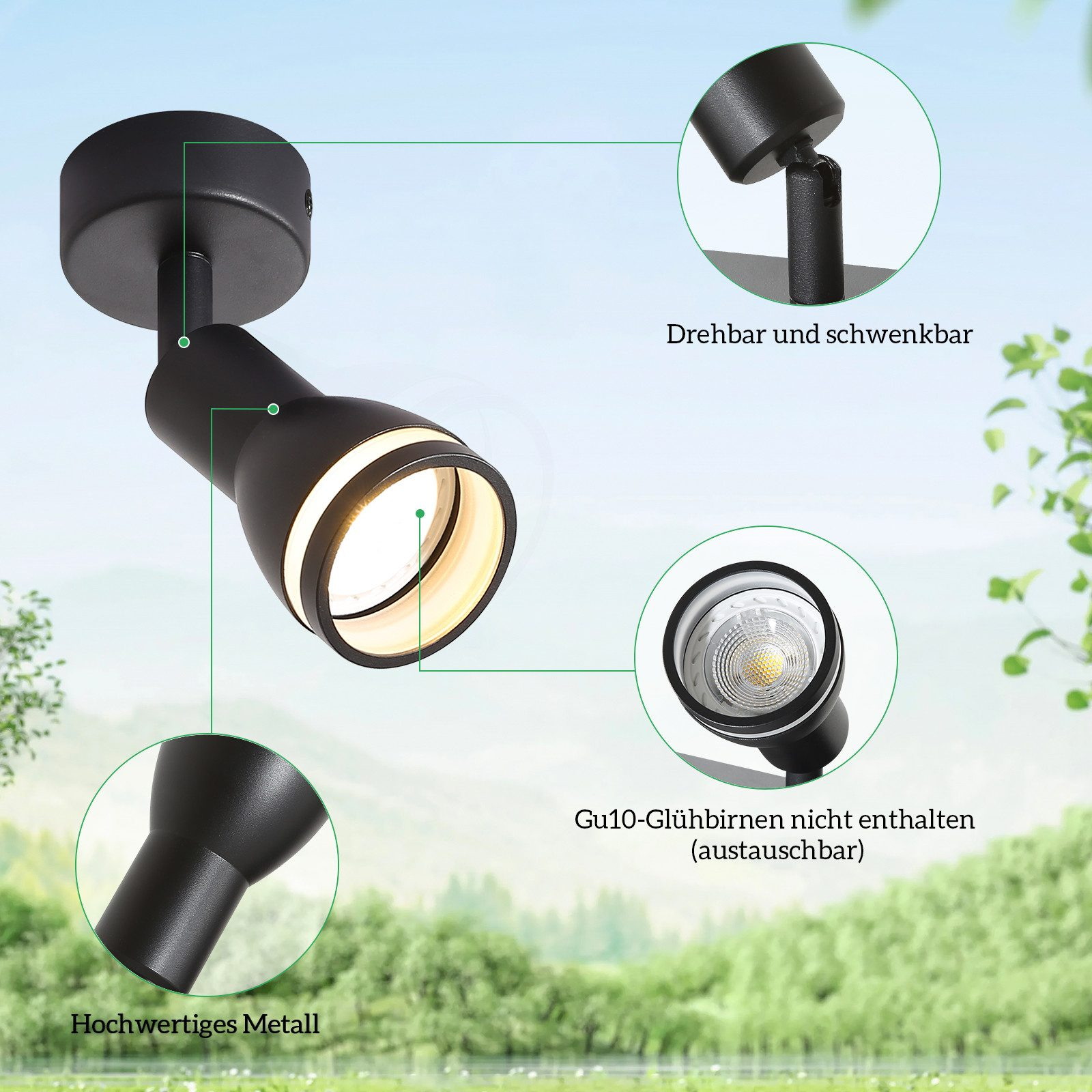 Un faretto nero con testa rotante e orientabile. Utilizza lampadine GU10, non incluse.