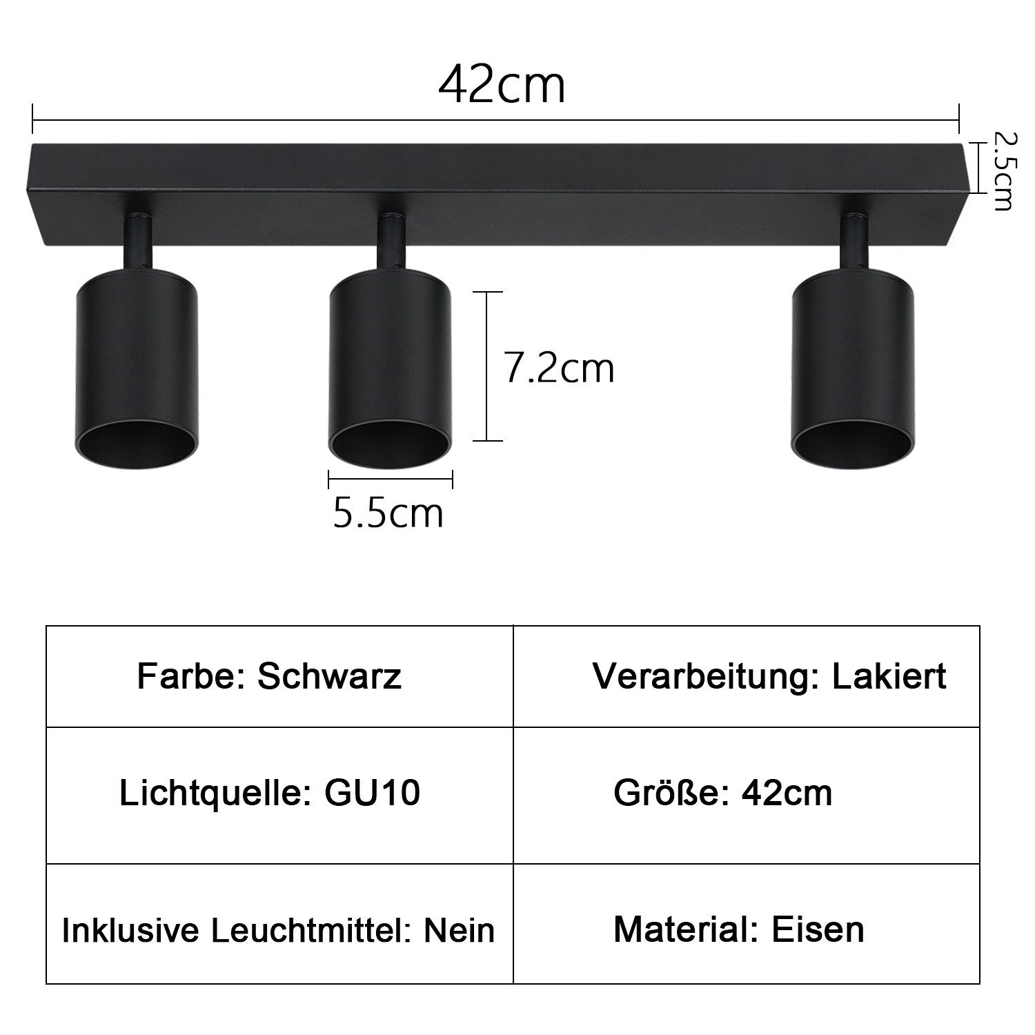 Apparecchio di illuminazione nero con tre faretti regolabili. Le informazioni sull'apparecchio sono mostrate.