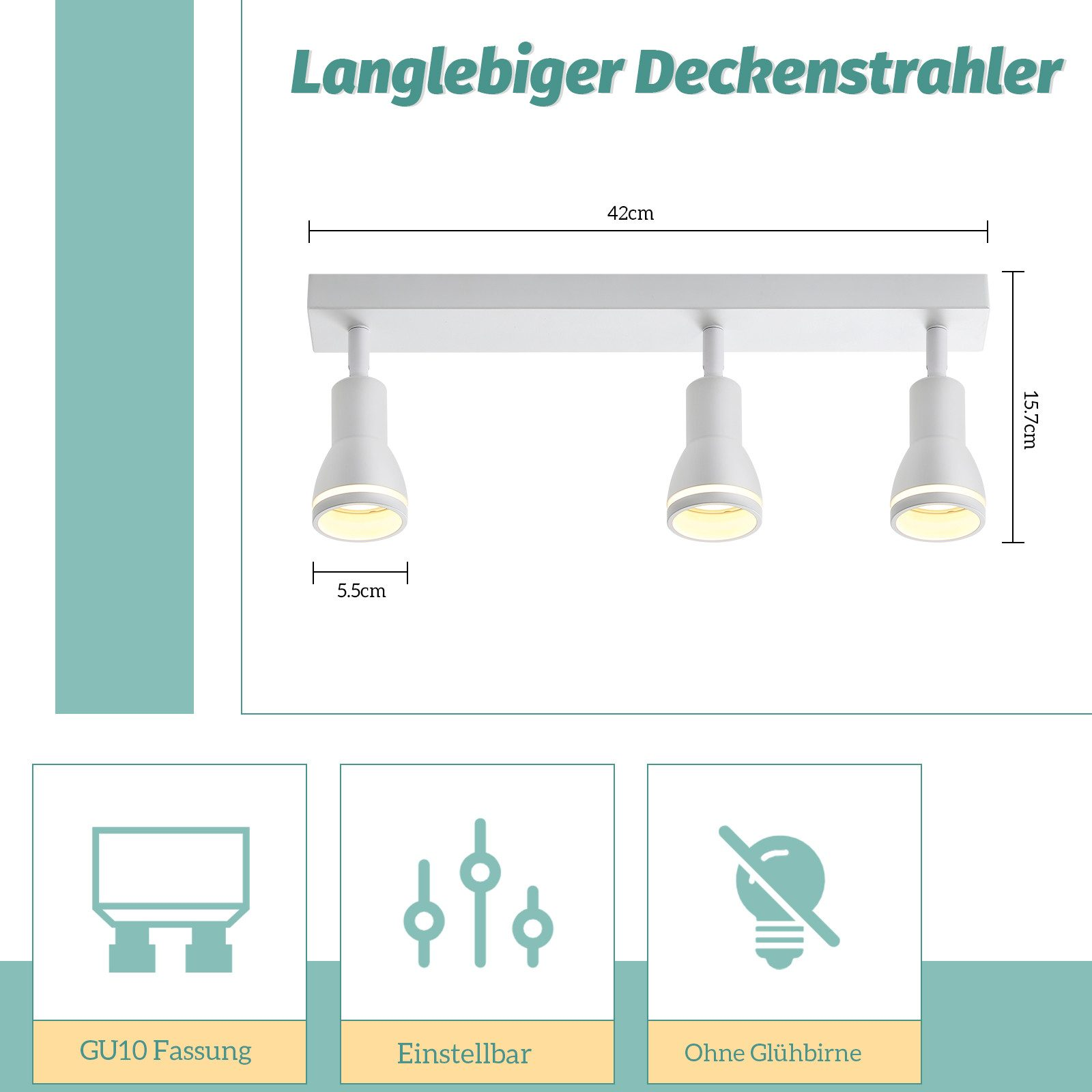 Luce da soffitto bianca con 3 luci regolabili. Dimensioni e dettagli icone mostrati.