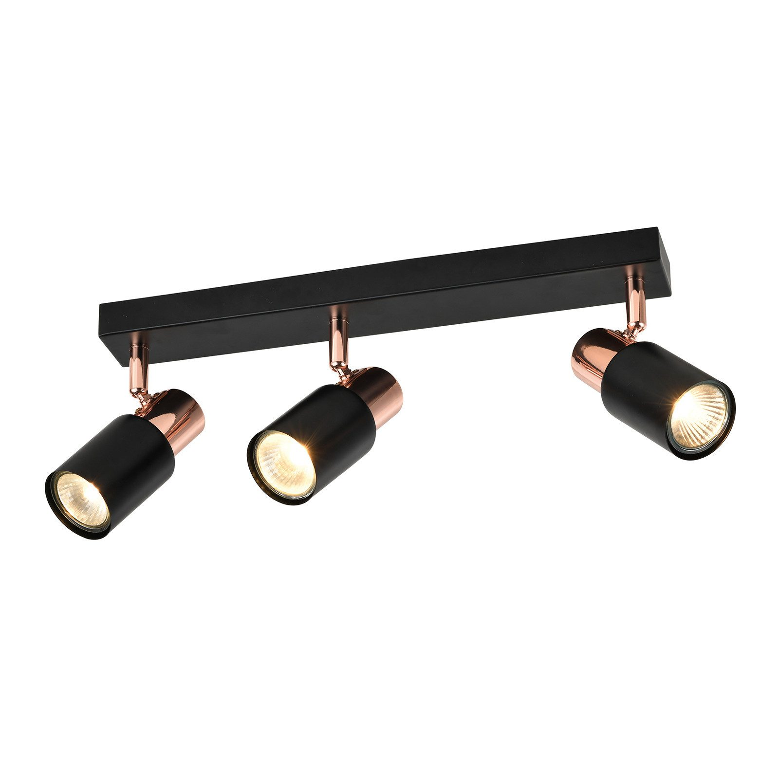 Un apparecchio a faretto da soffitto nero con tre faretti neri e color rame. Le luci sono accese. Sfondo bianco.