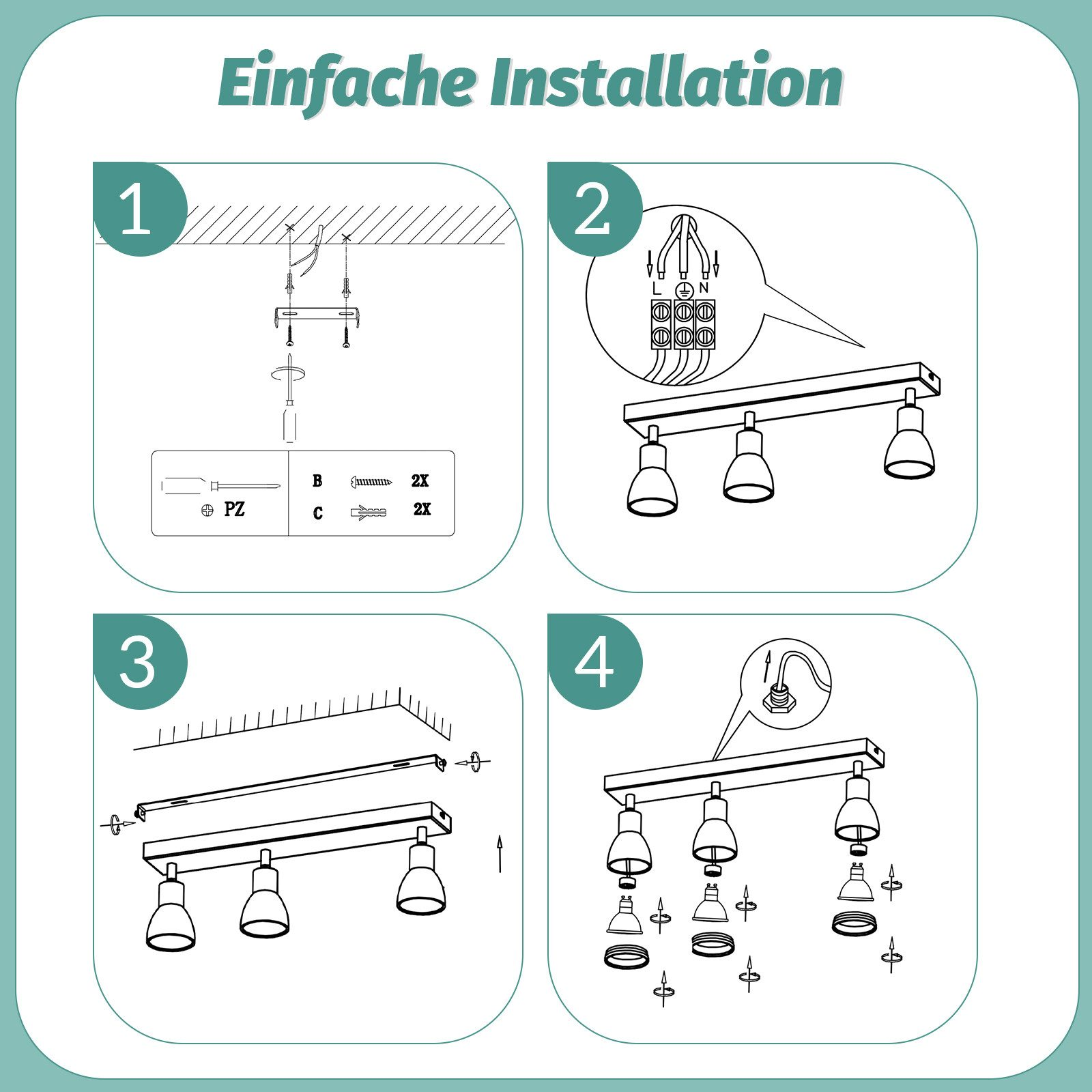 Diagramma di istruzioni a quattro pannelli per l'installazione di un apparecchio di illuminazione, che mostra i passaggi con una vite e l'apparecchio.