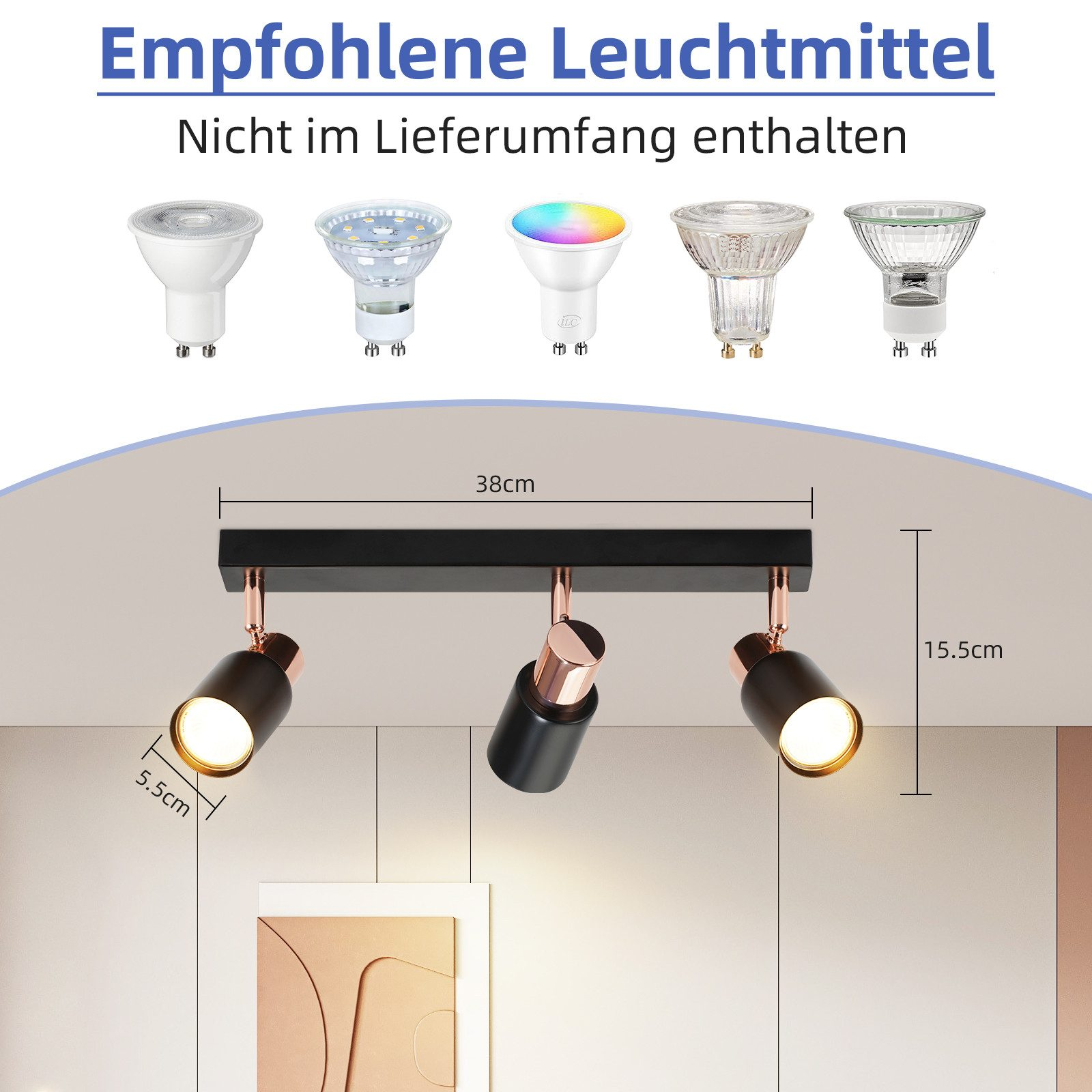 Faretto nero con tre faretti e dettagli oro rosa, con esempi di lampadine.