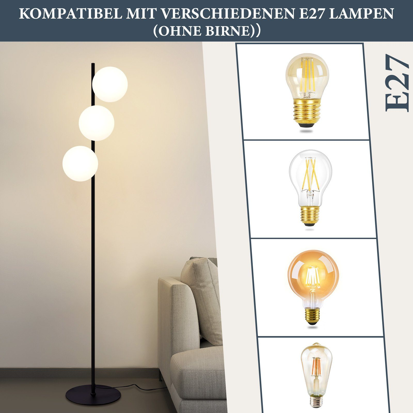 Una lampada da terra con tre luci a globo bianche e un supporto nero. Vengono mostrate varie lampadine come esempi.