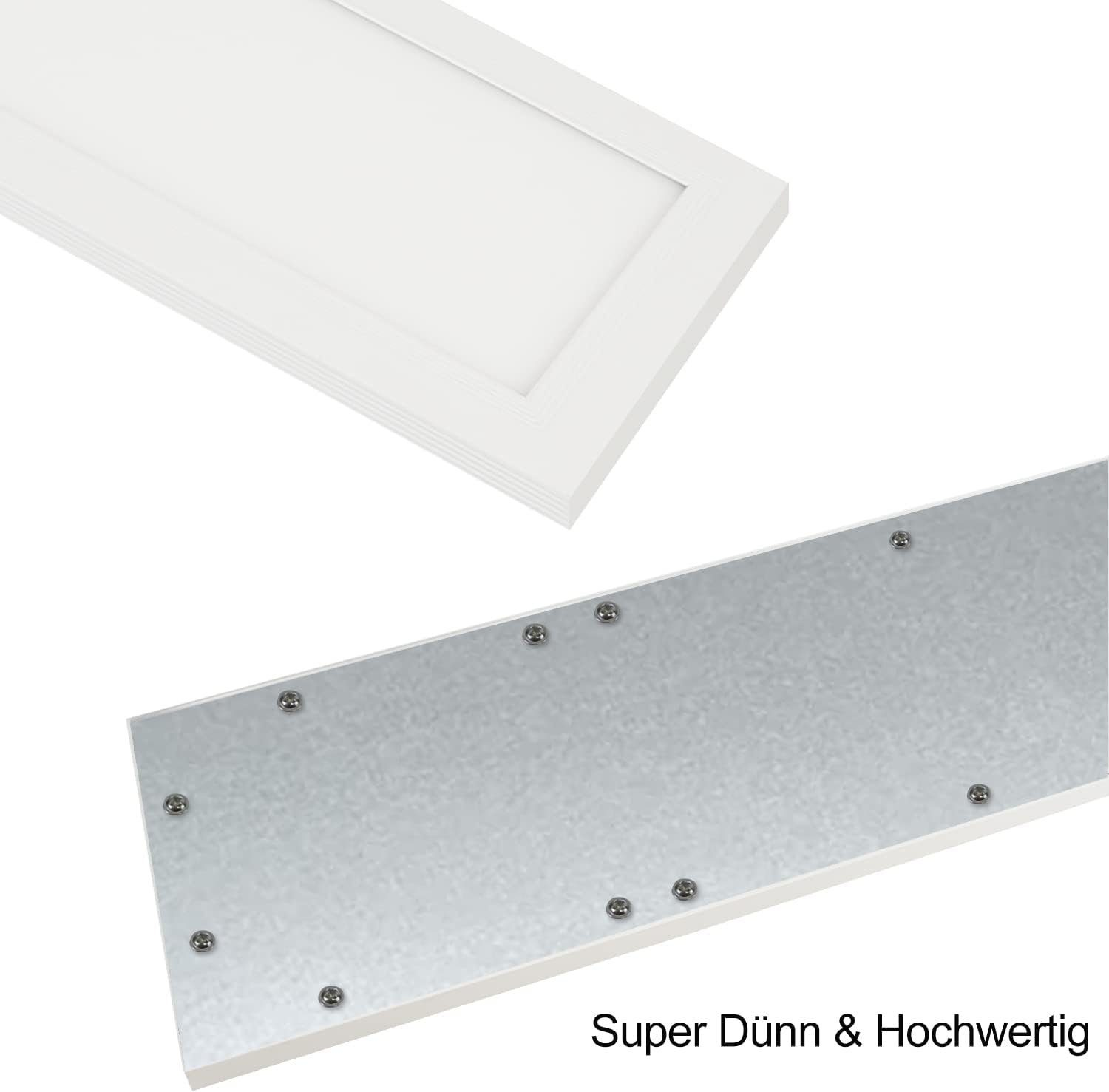 Un pannello LED bianco con retro in metallo e i suoi componenti.