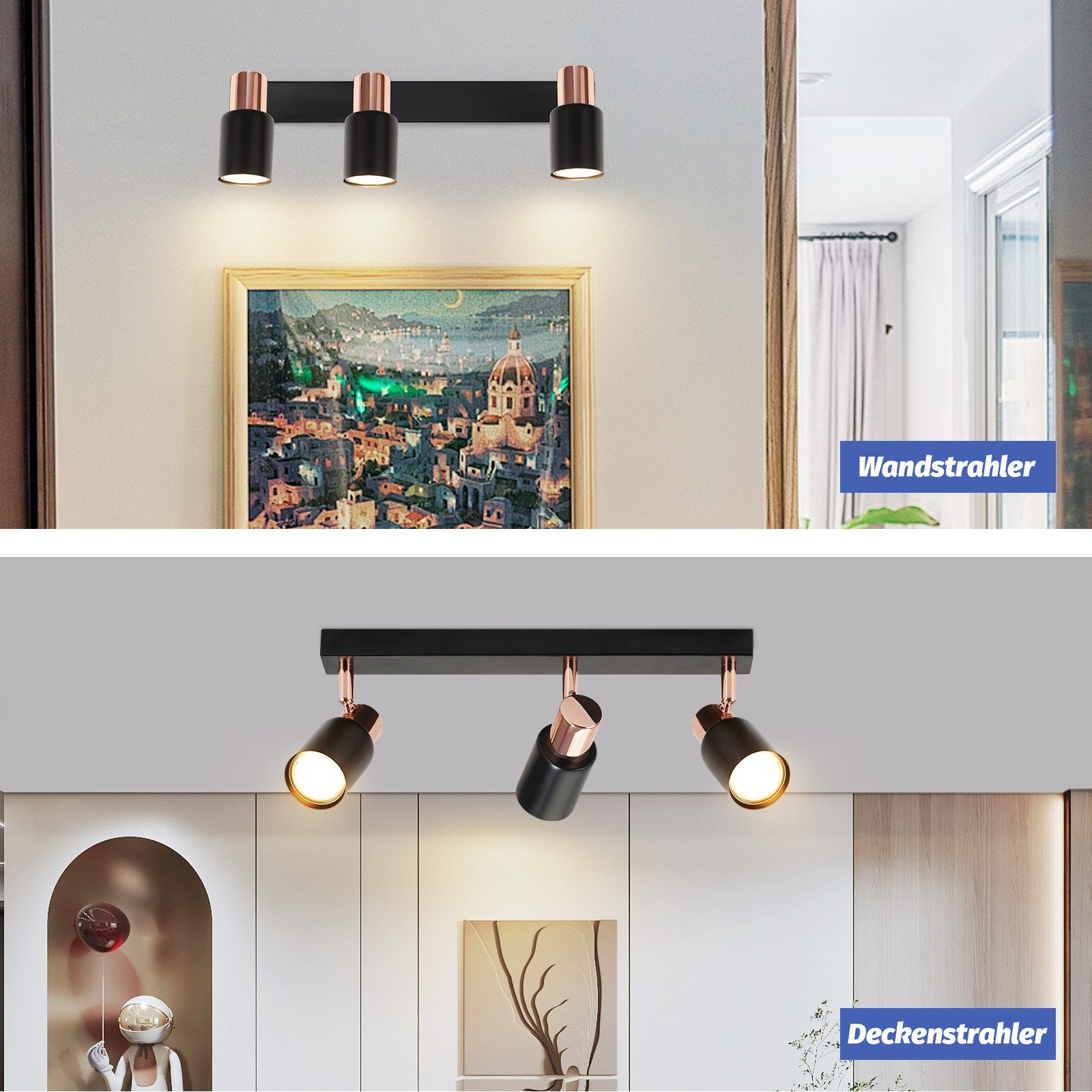 Due immagini di faretti: montati a parete e a soffitto, con elementi neri e rame.