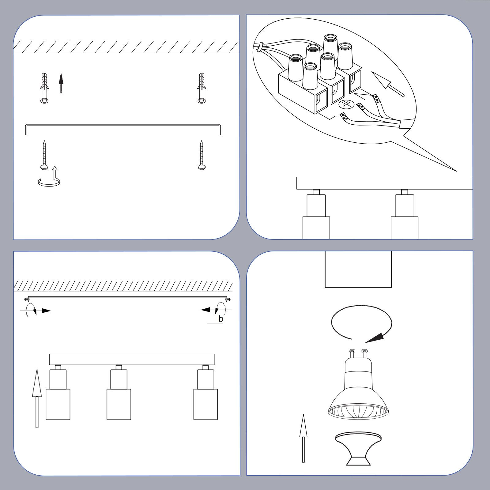 Diagramma di istruzioni per l'installazione di una plafoniera. Mostra i passaggi con viti e cablaggio.