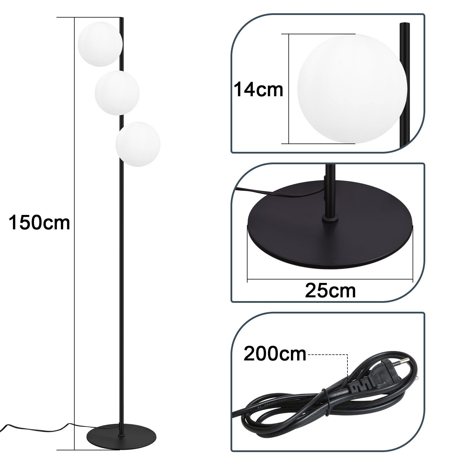 Lampada da terra con tre globi bianchi, base nera e dimensioni. Misure: 150cm, 14cm, 25cm, 200cm.