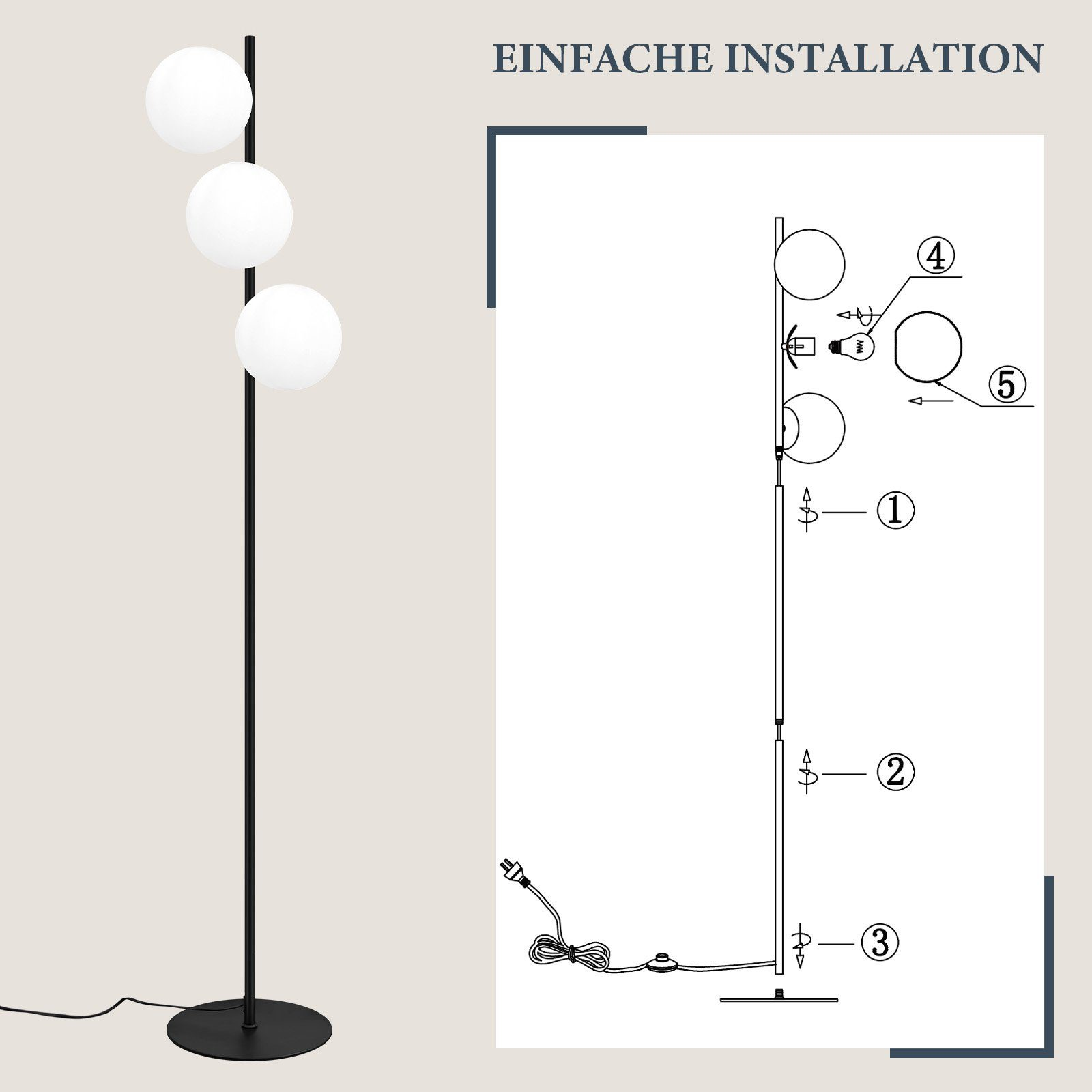 Lampada da terra con tre globi bianchi. Le istruzioni di installazione sono mostrate in un diagramma.