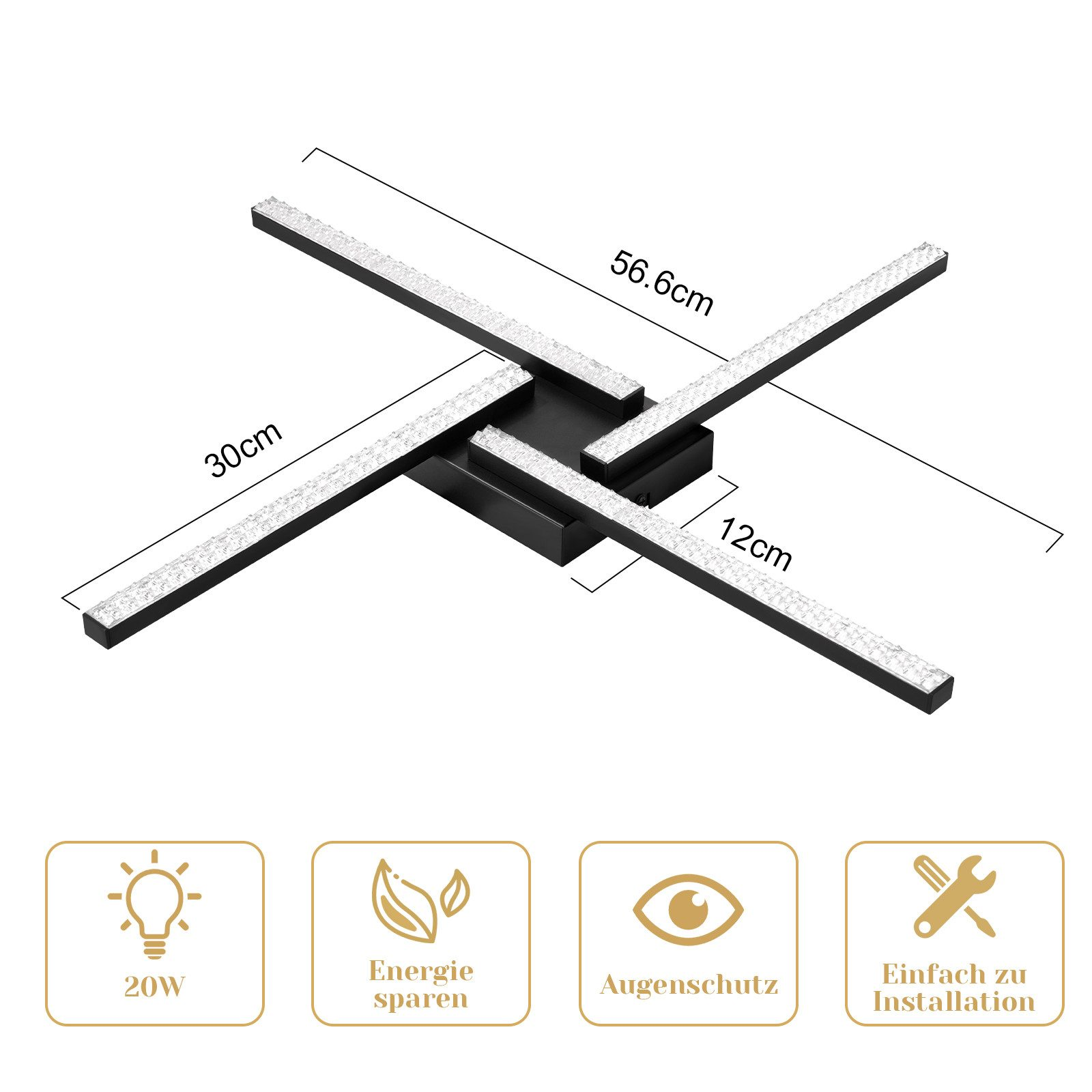 Luce da soffitto nera a forma di croce con dimensioni e icone che indicano le caratteristiche.