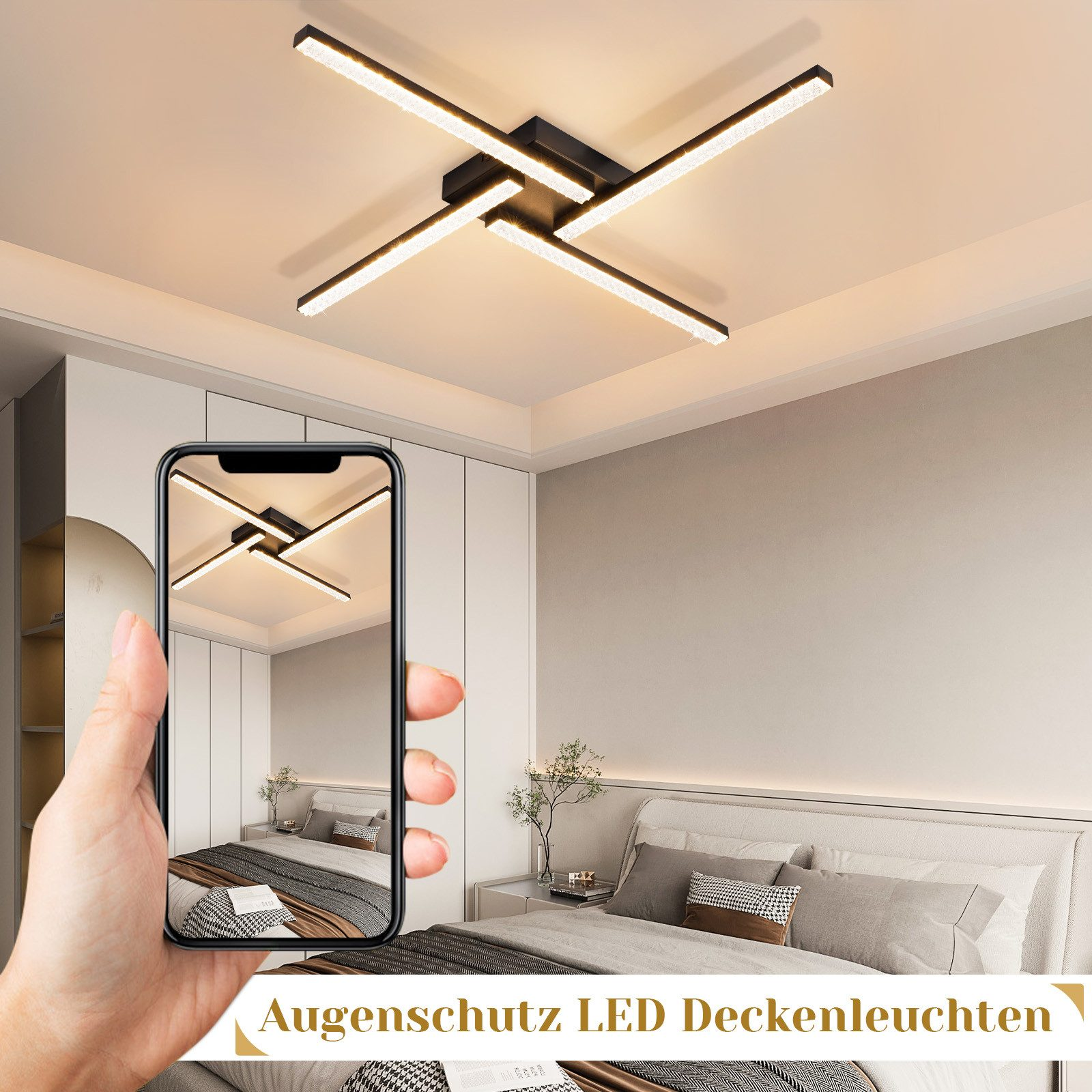 Mano che tiene un telefono che rispecchia un moderno design di plafoniera a LED in una camera da letto.
