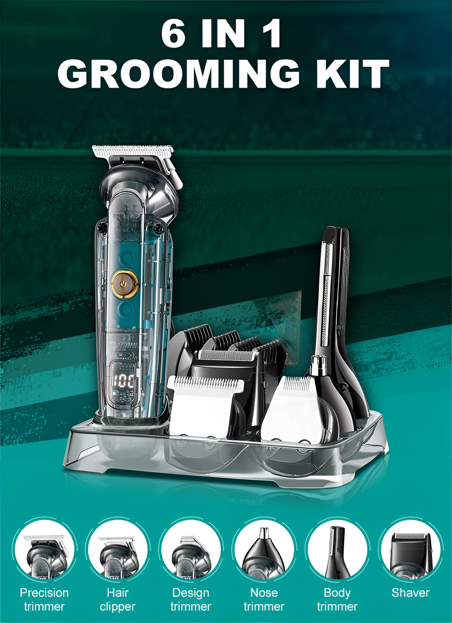 Ein 6-in-1-Pflegeset. Enthält Trimmer, Haarschneider, Design-, Nasen-, Körper- und Rasierer.
