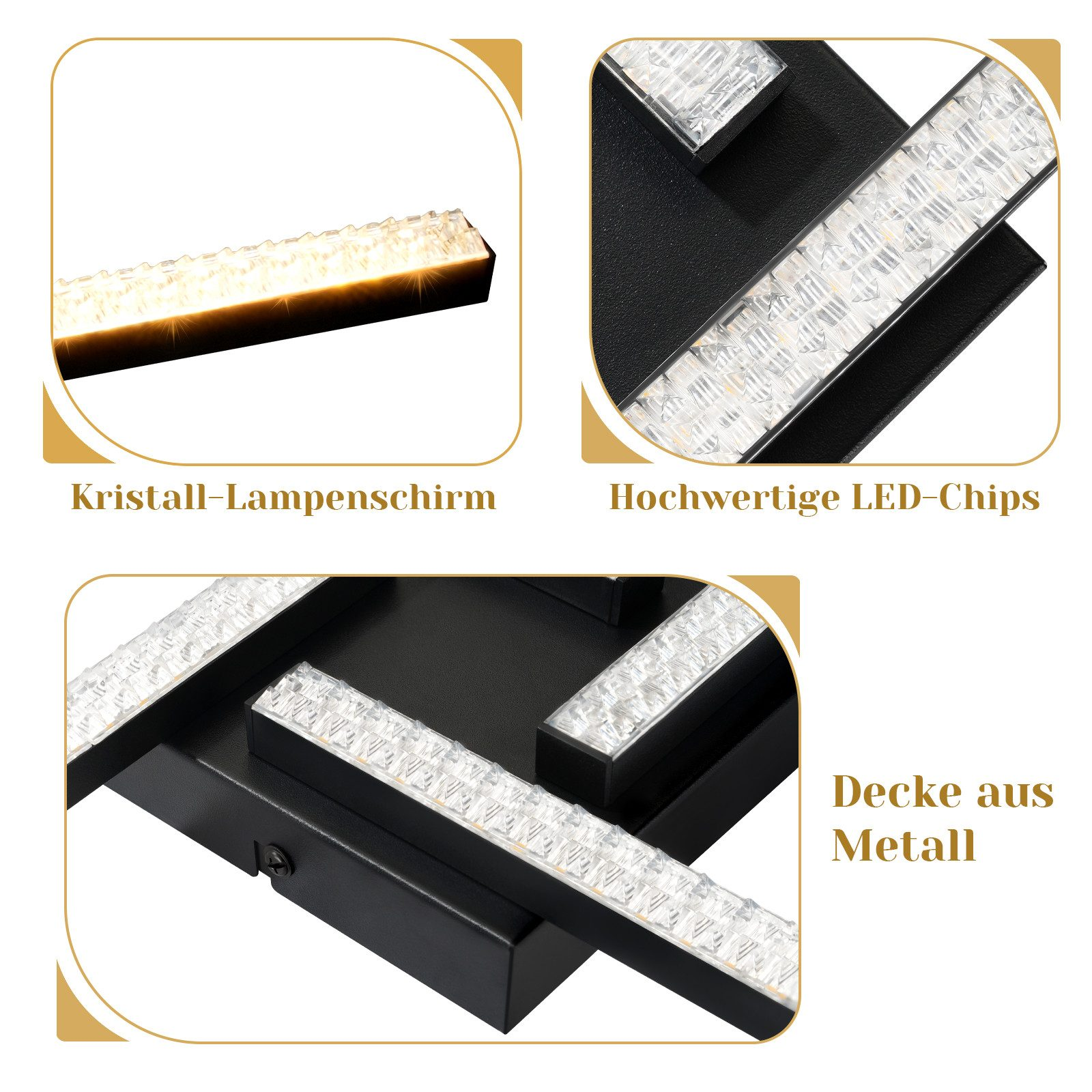 Immagini ravvicinate di una luce LED nera, con paralumi di cristallo e chip LED di alta qualità.