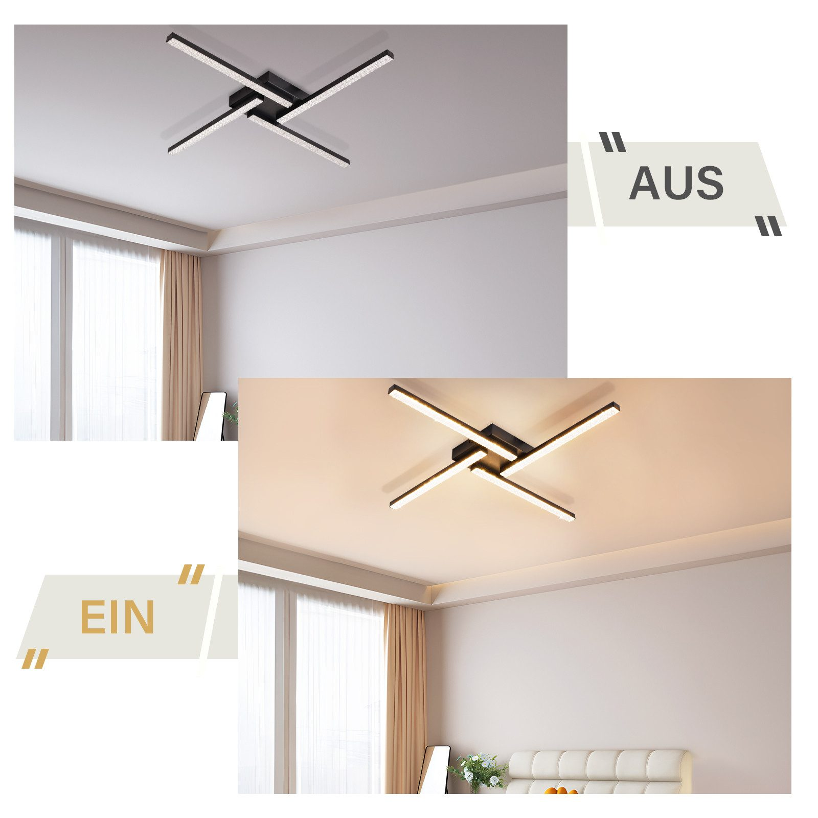 Lampada da soffitto con quattro bracci. La luce è accesa/spenta. La stanza ha un letto e una finestra.