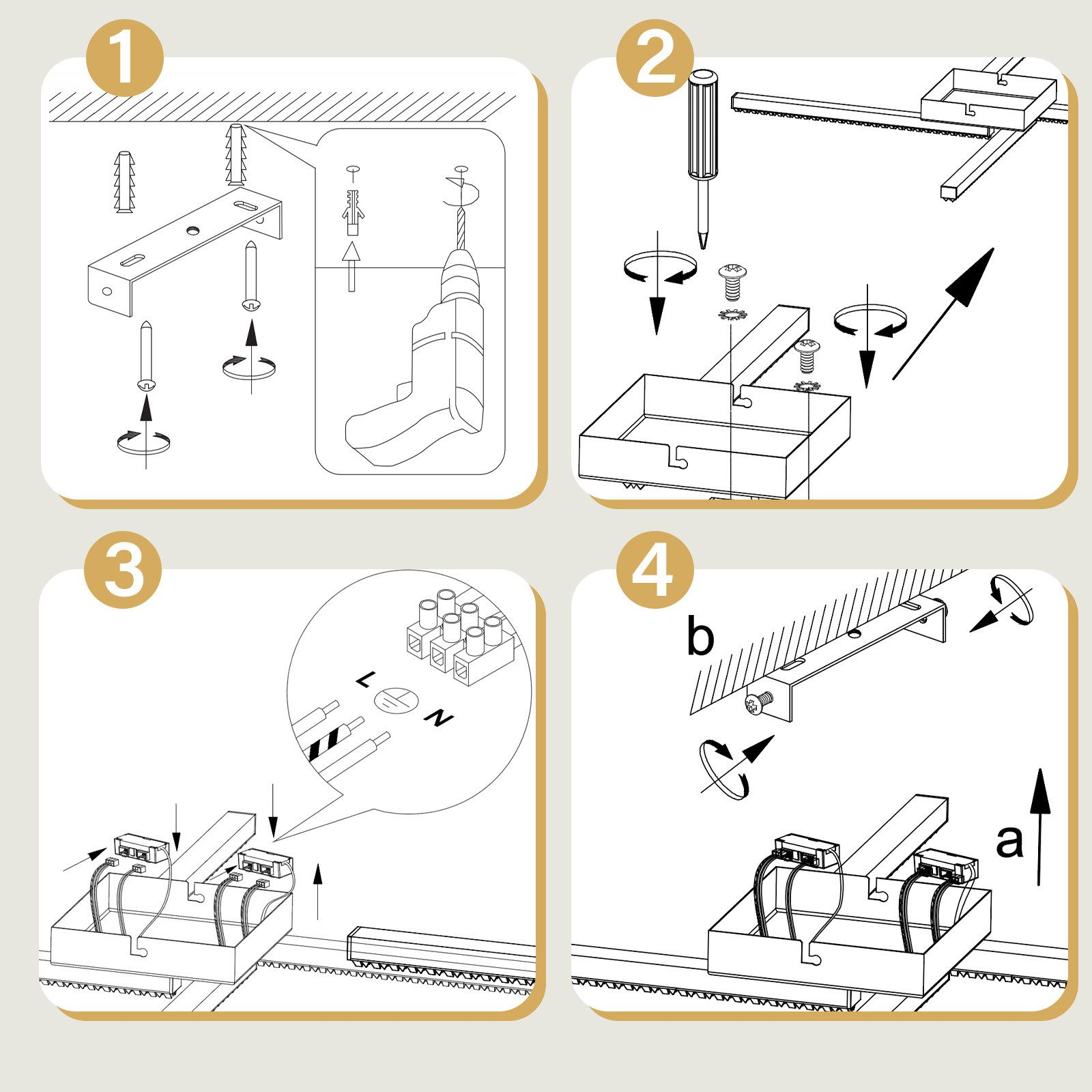 Quattro passaggi che mostrano l'installazione di un sistema di illuminazione a binario su un soffitto.