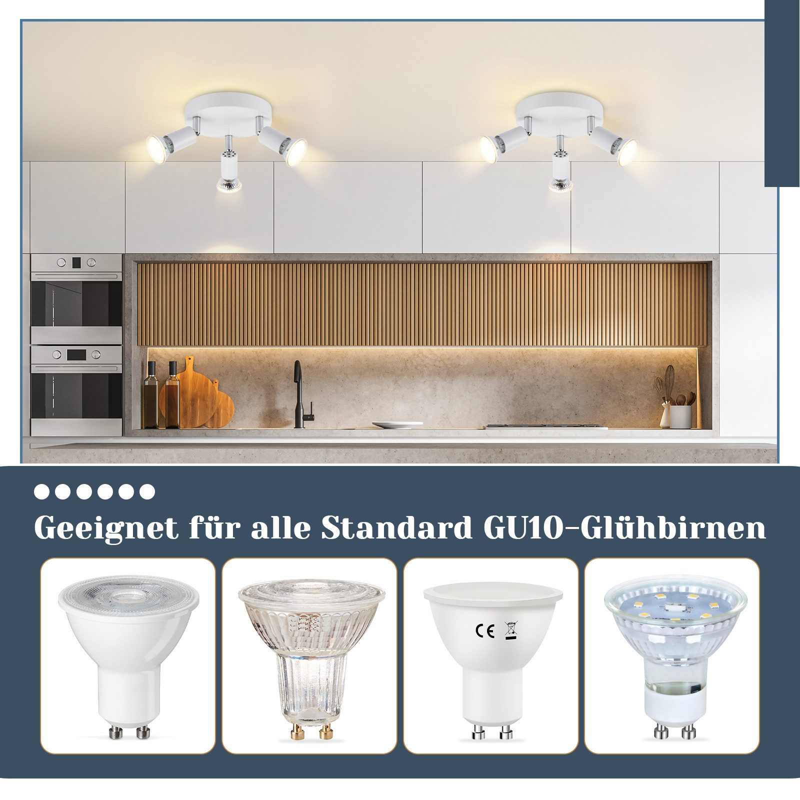 Scena di cucina con faretti. Vengono mostrati quattro tipi di lampadine GU10 nella parte inferiore.