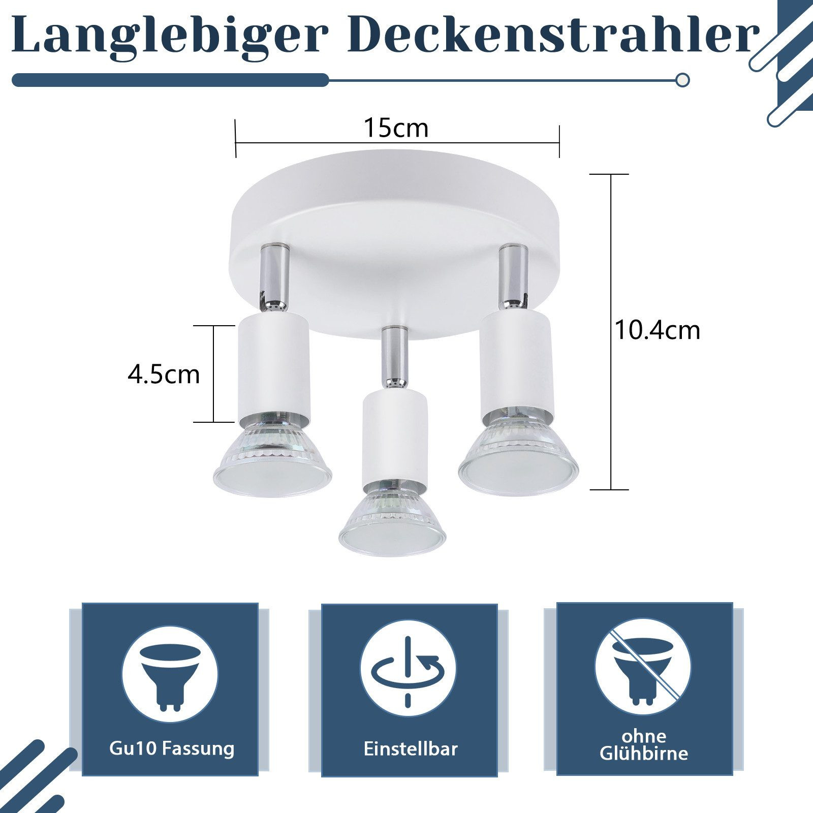 Un faretto da soffitto bianco con tre luci regolabili. L'immagine mostra le dimensioni e il tipo di lampadina GU10.