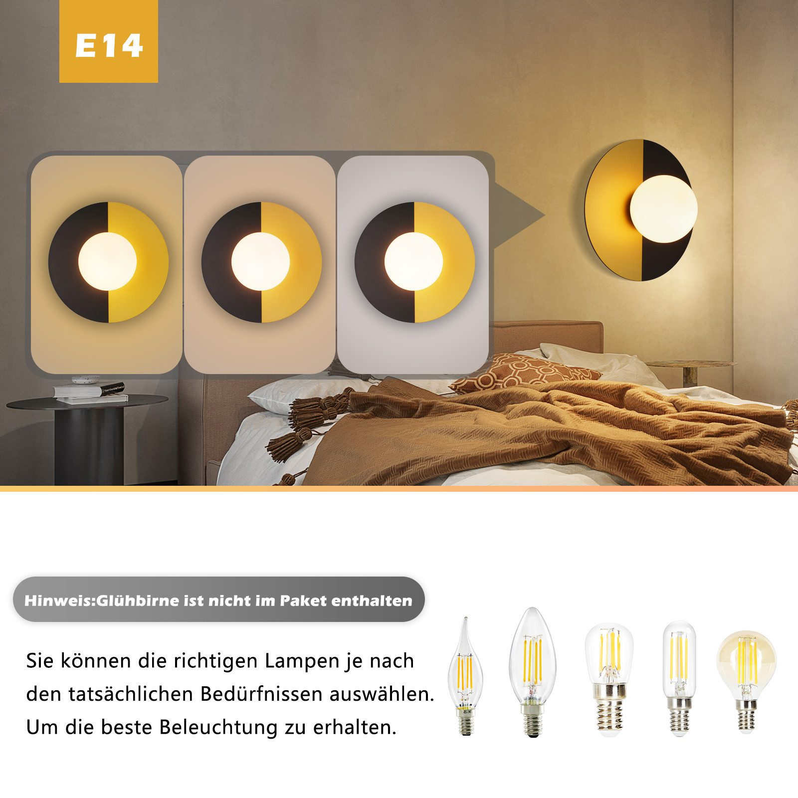 Lampada da parete gialla e nera con luce, e diversi tipi di lampadine tra cui scegliere.