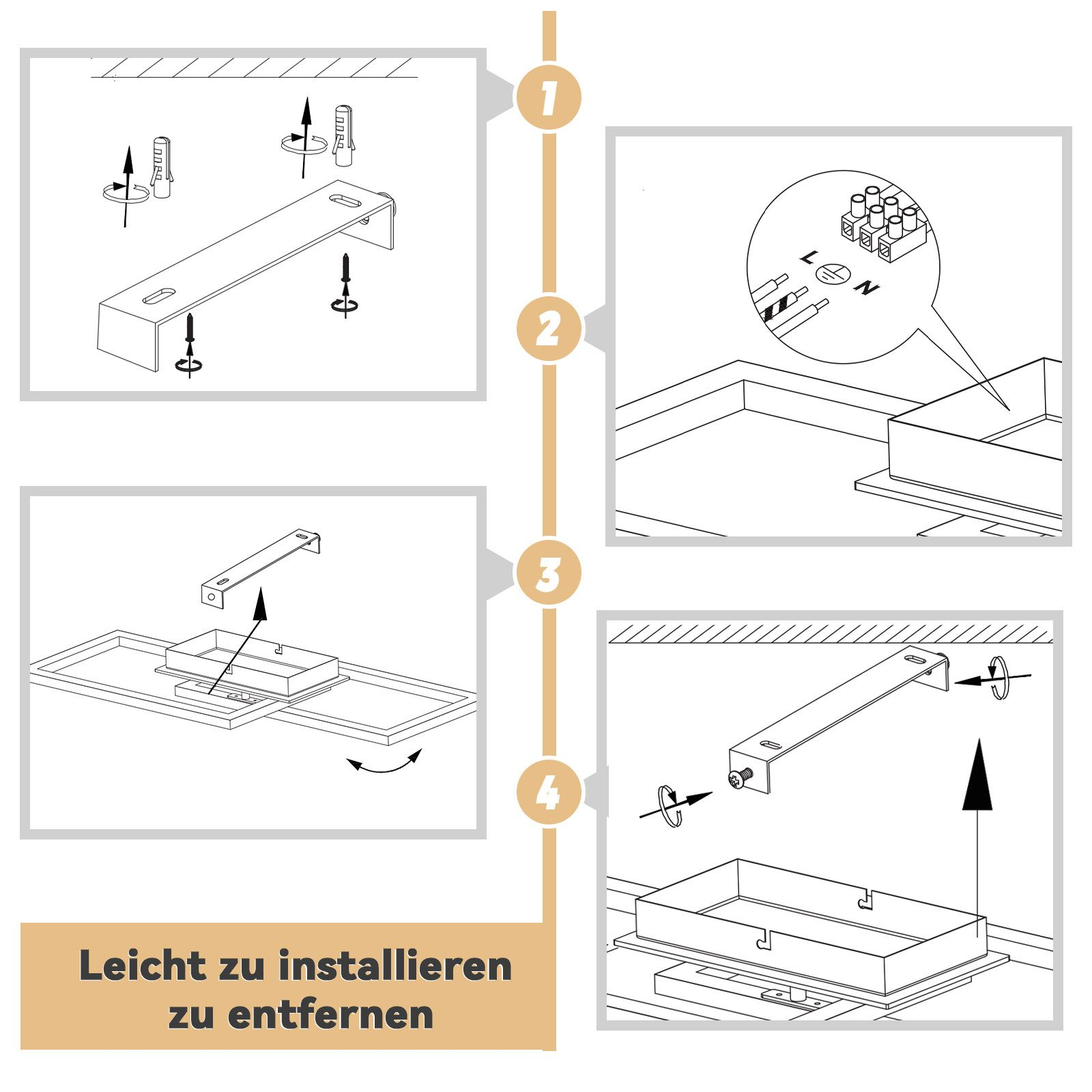Instrukcje krok po kroku dotyczące instalacji lampy sufitowej, z diagramami i etykietami tekstowymi.