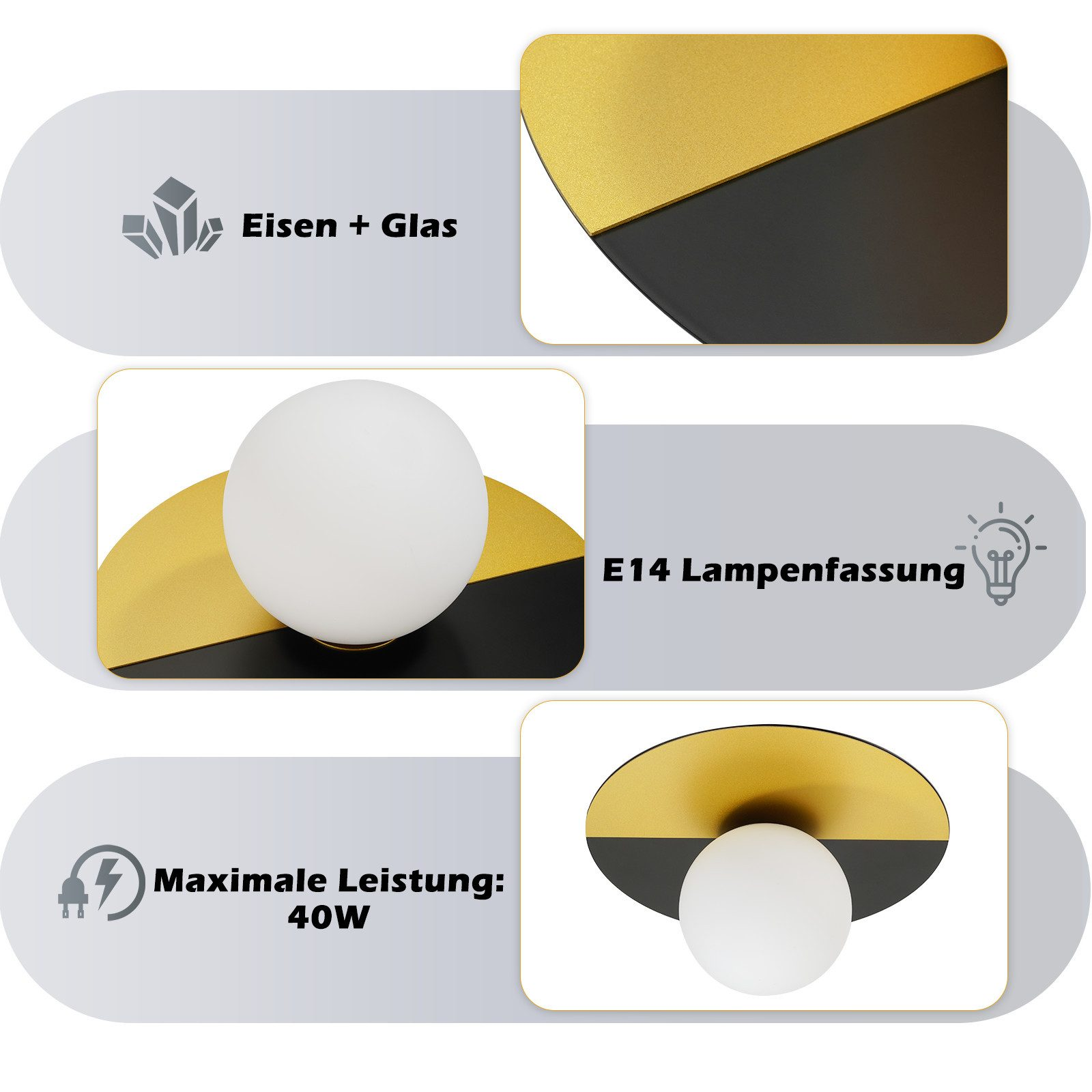 Schema di una plafoniera. Mostra un design nero e oro con una lampadina bianca.