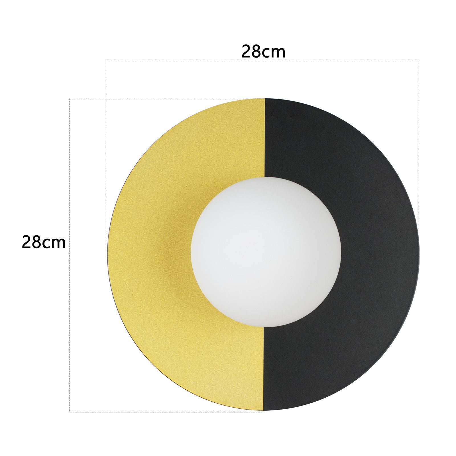 Lampada da soffitto rotonda con design oro e nero. Globo di luce bianca al centro.