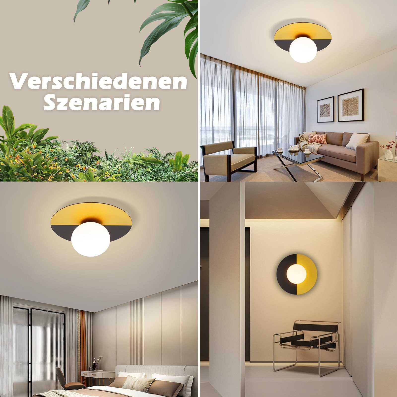 Quattro scene: Una lampada da soffitto in vari scenari. La luce ha un design giallo e nero con un globo bianco.