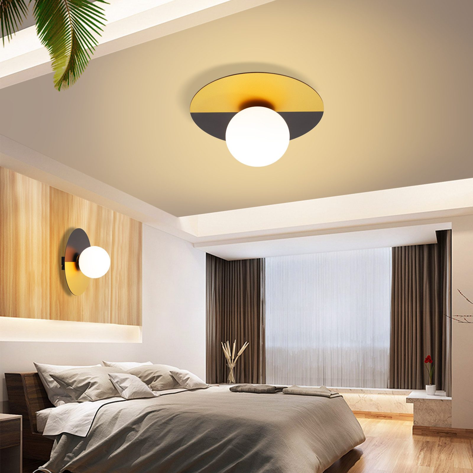 Camera da letto con luci a soffitto moderne, letto, pannello murale in legno.