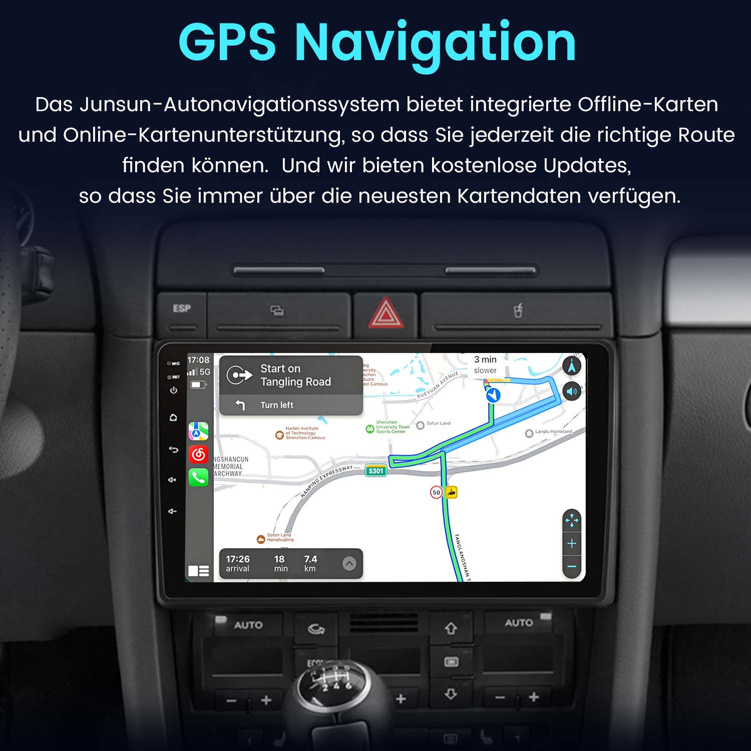 Deska rozdzielcza samochodu z ekranem nawigacji GPS wyświetlającym mapę i wskazówki.