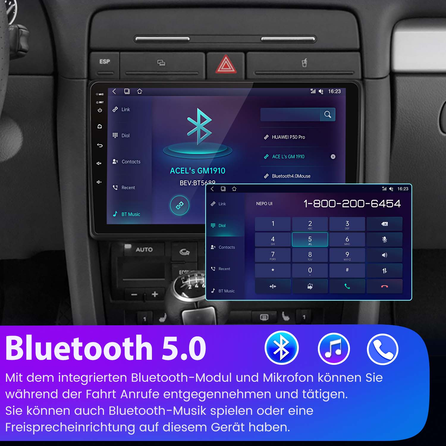 Panel samochodowy z ekranem pokazującym interfejs telefonu i tekst Bluetooth 5.0.