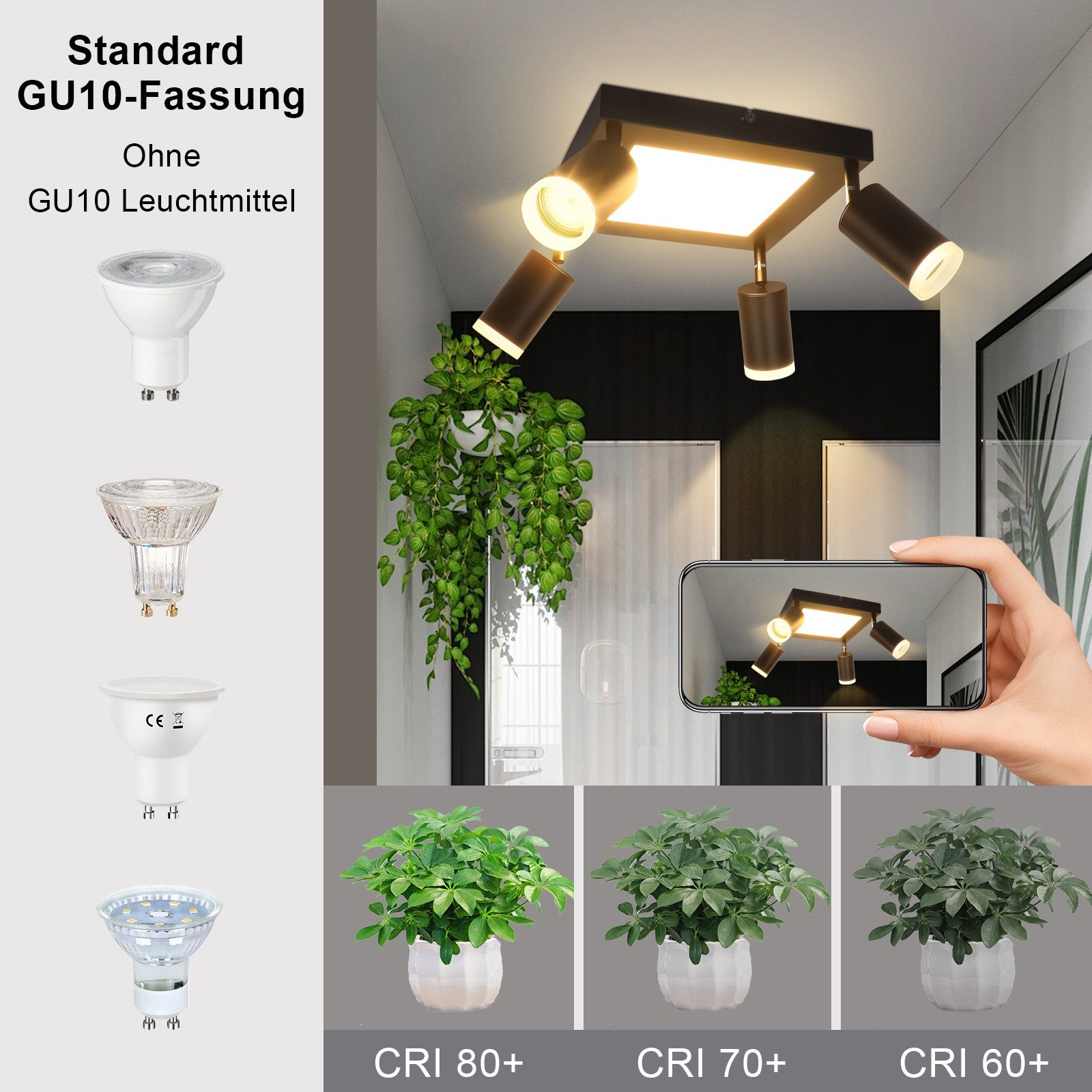 Lampa sufitowa z trzema reflektorami i różnymi żarówkami GU10. W tle obecne są rośliny.