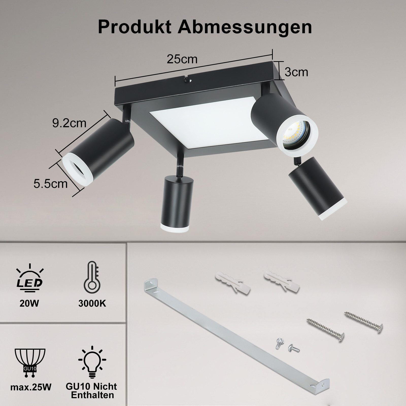 Lampa sufitowa z trzema regulowanymi reflektorami i dodatkowymi szczegółami technicznymi z wymiarami.